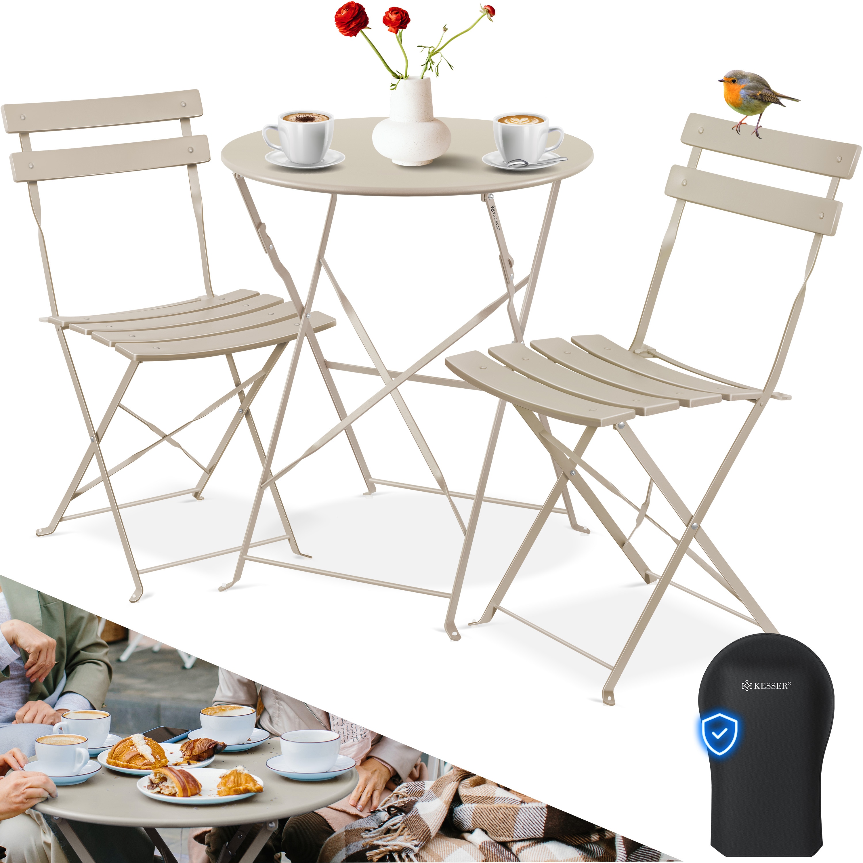 KESSER&reg; Bistroset 3-teilig Bistrotisch mit 2 klappbaren St&uuml;hle Set Balkonset Balkonm&ouml;bel Klapp-M&ouml;bel Gartenset Sitzgarnitur Gartengarnitur Gartenm&ouml;bel Sitzgruppe Metall Bistro Gartentisch inkl. Abdeckung - Bild 1