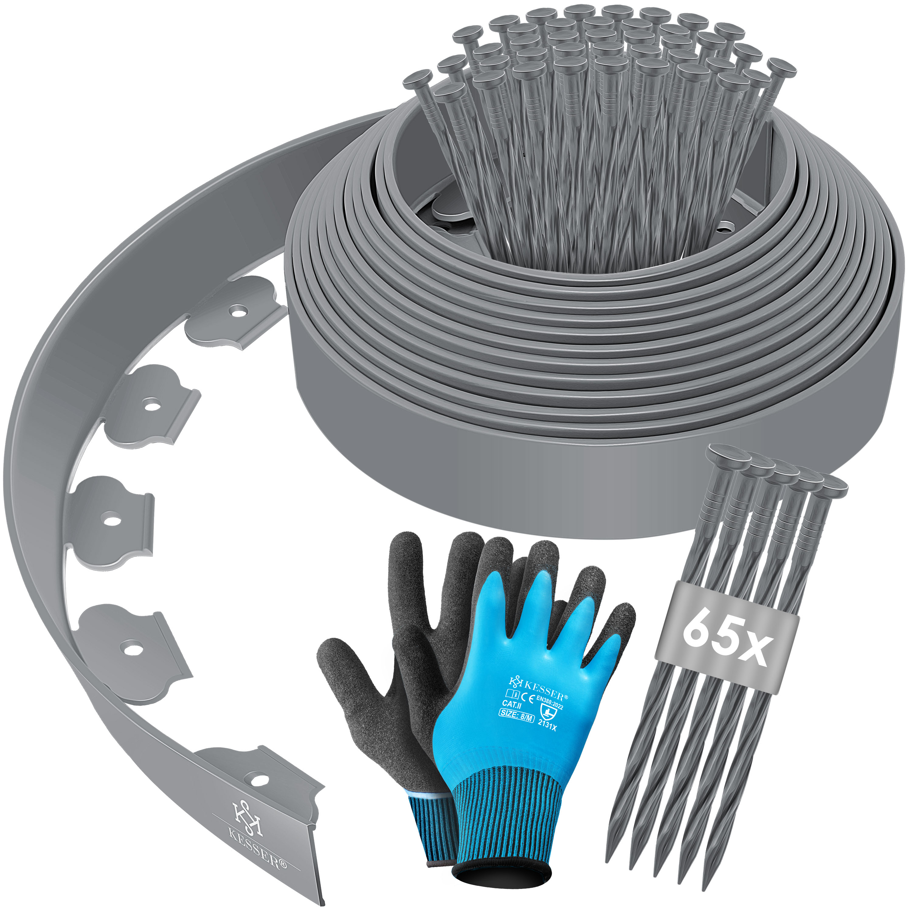 KESSER&reg; Flexible Rasenkante aus Kunststoff L&auml;nge 10m H&ouml;he 5cm, mit 50 Erdanker + Handschuhe, Beeteinfassung Beetumrandung Beetbegrenzung M&auml;hkante Pflastersteine Palisade - Bild 1