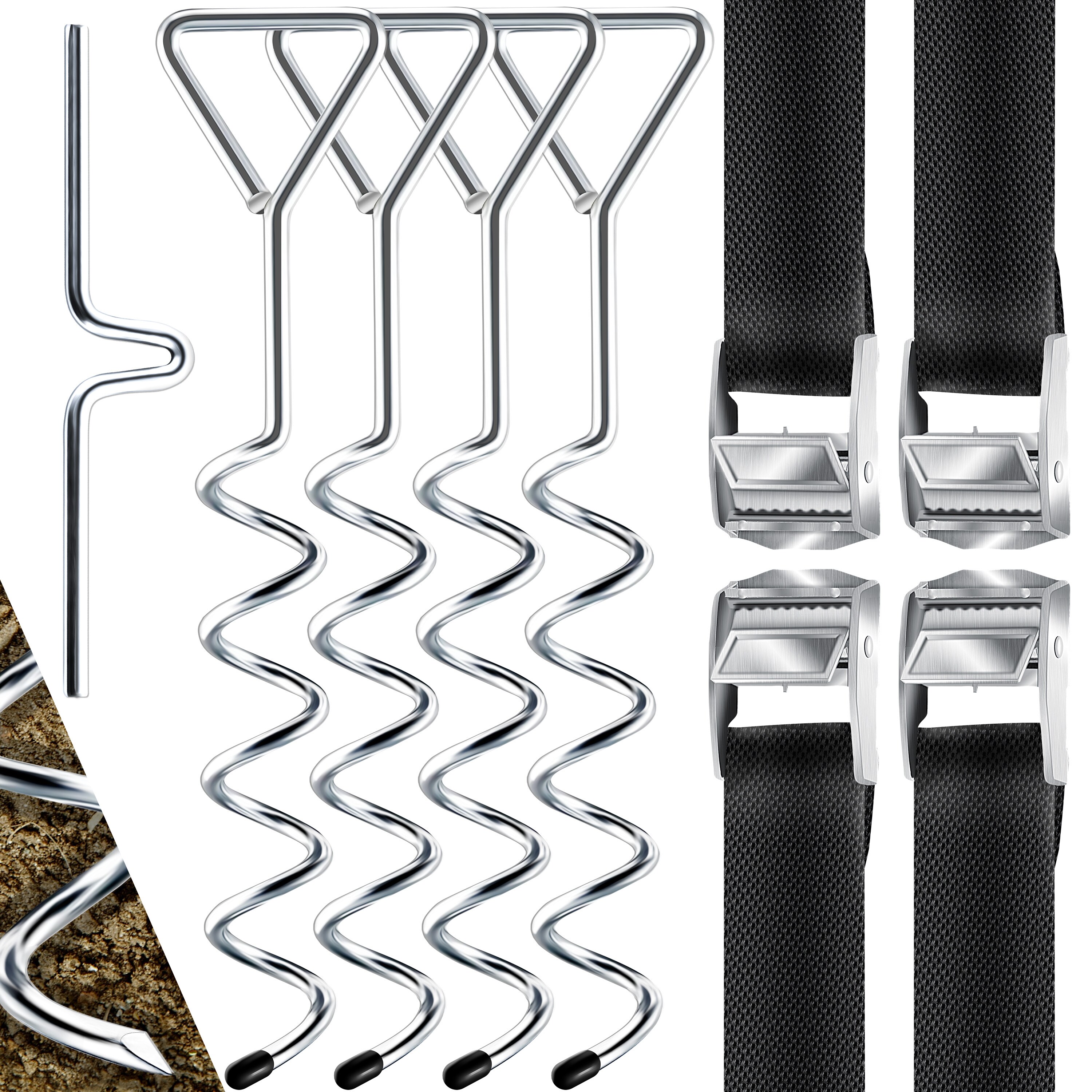 KESSER&reg; 4 Bodenanker Erdanker 9-teiliges Set Befestigung f&uuml;r Trampolin, Schaukel, Pavillon, Partyzelt, Gartenhaus, Schaukel, Zelt, aus 1cm &Oslash; Stahl Zum Eindrehen, + 4 Gurte + Drehhilfe - Bild 1