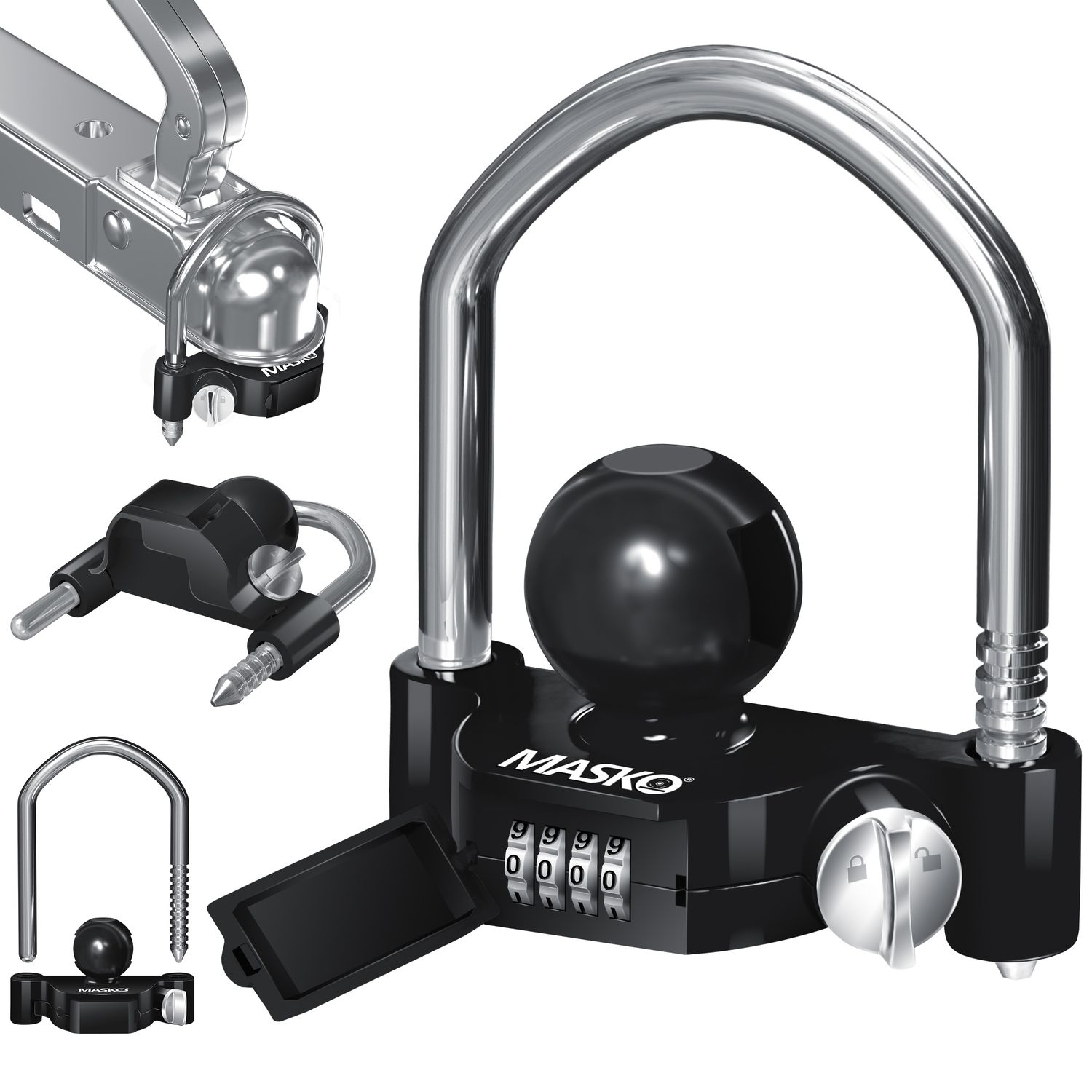 MASKO&reg; Anh&auml;ngerschloss Zahlenschloss mit 4 Stellig Code f&uuml;r g&auml;ngige Anh&auml;ngerkupplung Anh&auml;ngerkugelsperrkupplung einfache Montage Diebstahlschutz Wohnwagen Anh&auml;nger Abschleppsperre Stahlb&uuml;gel - Bild 1