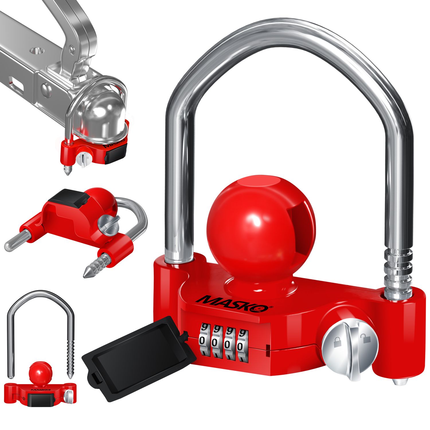 MASKO&reg; Anh&auml;ngerschloss Zahlenschloss mit 4 Stellig Code f&uuml;r g&auml;ngige Anh&auml;ngerkupplung Anh&auml;ngerkugelsperrkupplung einfache Montage Diebstahlschutz Wohnwagen Anh&auml;nger Abschleppsperre Stahlb&uuml;gel - Bild 1