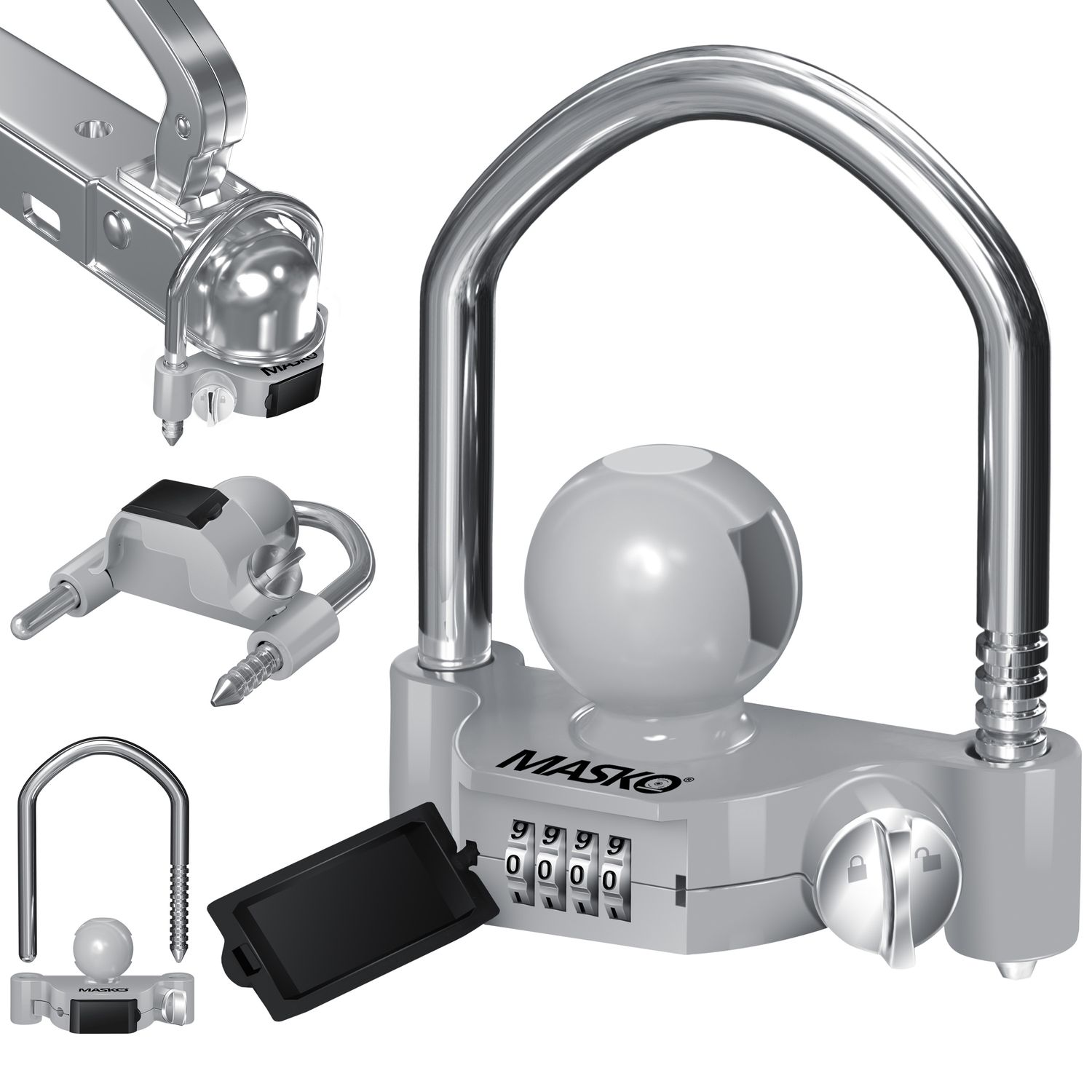 MASKO&reg; Anh&auml;ngerschloss Zahlenschloss mit 4 Stellig Code f&uuml;r g&auml;ngige Anh&auml;ngerkupplung Anh&auml;ngerkugelsperrkupplung einfache Montage Diebstahlschutz Wohnwagen Anh&auml;nger Abschleppsperre Stahlb&uuml;gel - Bild 1