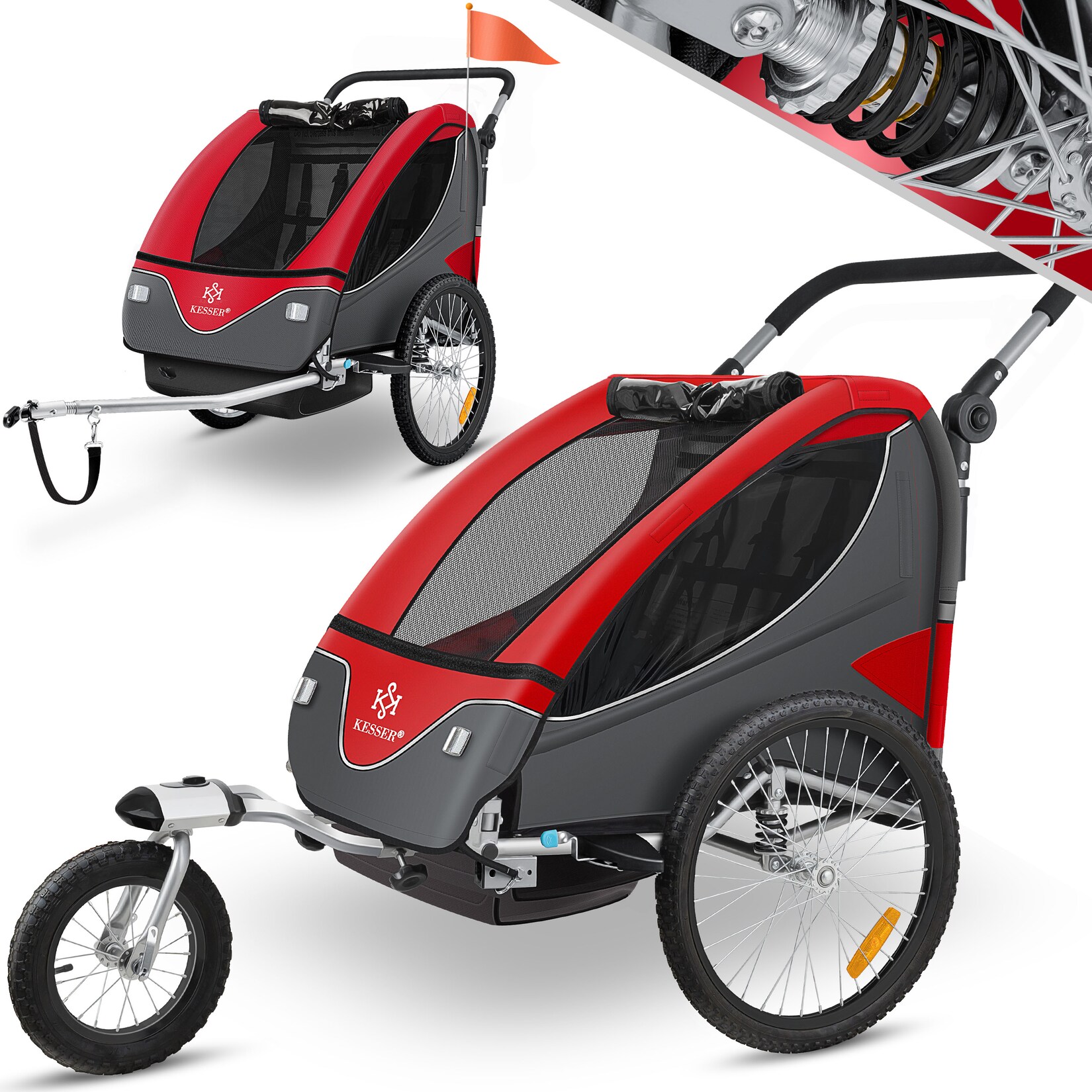 KESSER® Kinderanhänger Fahrradanhänger 360° Drehbar mit Federung 2in1 Joggerfunktion Kinderfahrradanhänger + 5-Punkt Gurt Jogger Fahrrad Anhänger für 1 bis 2 Kinder max. 40kg