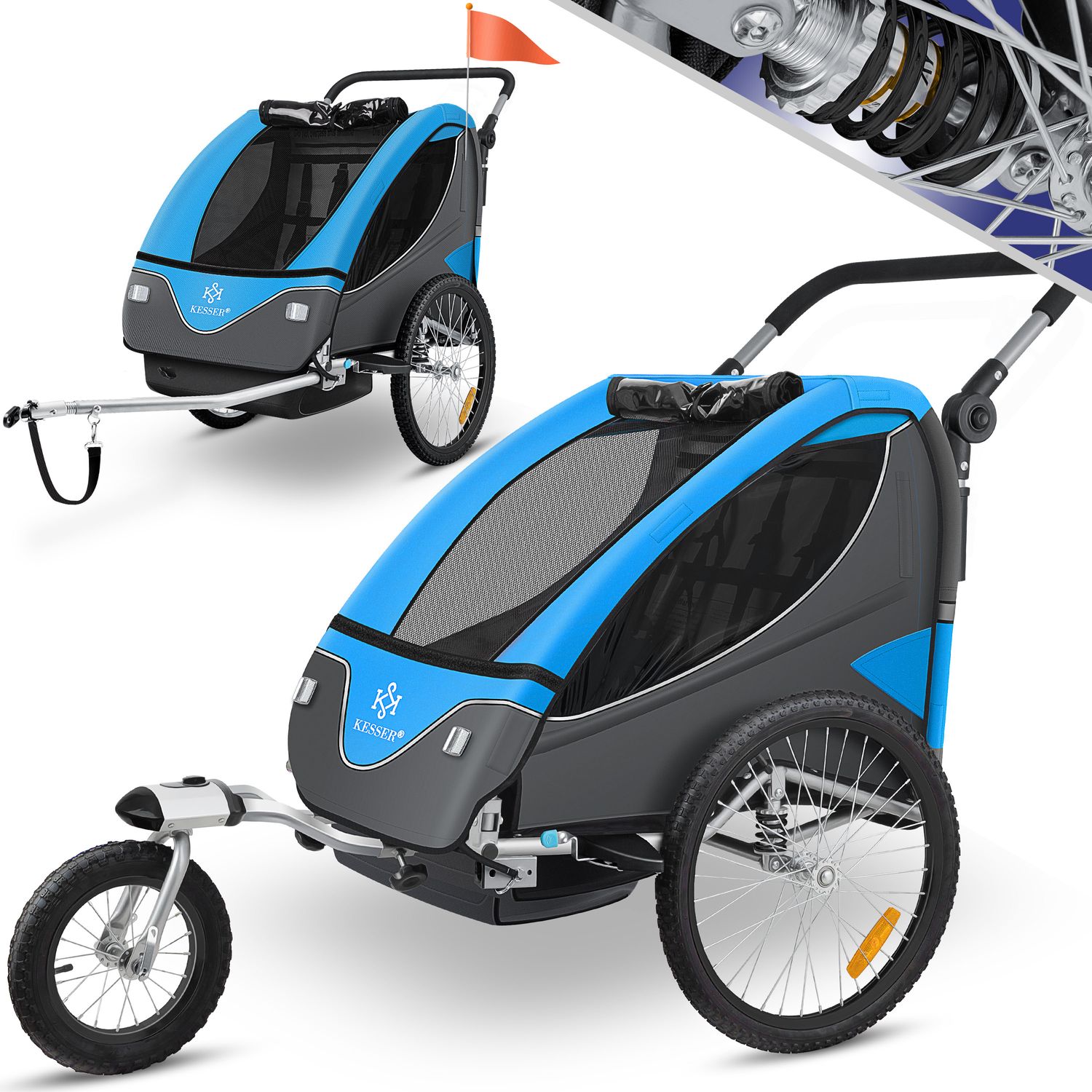 KESSER&reg; Kinderanh&auml;nger Fahrradanh&auml;nger 360&deg; Drehbar mit Federung 2in1 Joggerfunktion Kinderfahrradanh&auml;nger + 5-Punkt Gurt Jogger Fahrrad Anh&auml;nger f&uuml;r 1 bis 2 Kinder max. 40kg - Bild 1