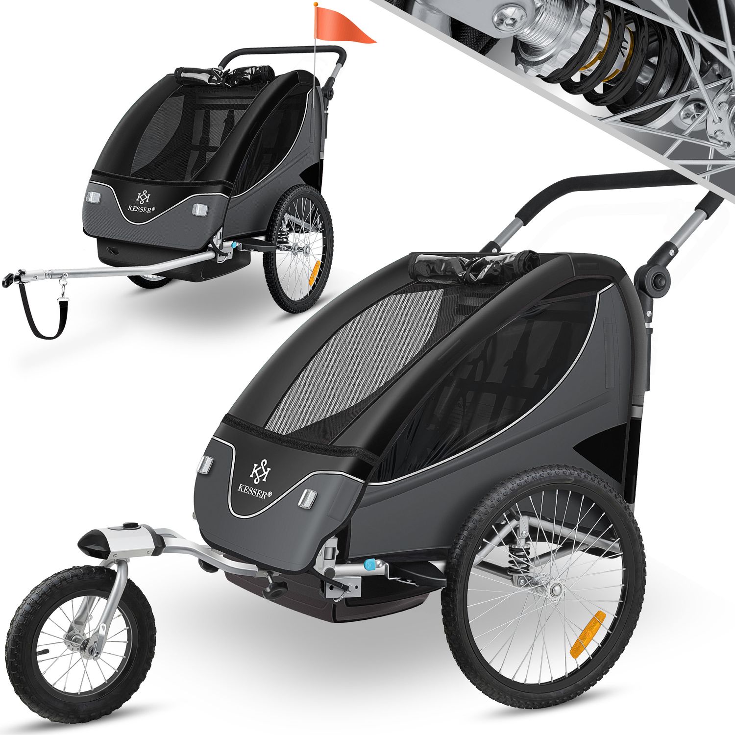 KESSER&reg; Kinderanh&auml;nger Fahrradanh&auml;nger 360&deg; Drehbar mit Federung 2in1 Joggerfunktion Kinderfahrradanh&auml;nger + 5-Punkt Gurt Jogger Fahrrad Anh&auml;nger f&uuml;r 1 bis 2 Kinder max. 40kg - Bild 1