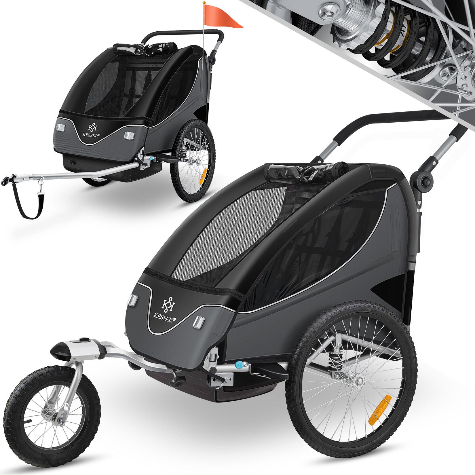 KESSER® Kinderanhänger Fahrradanhänger 360° Drehbar mit Federung 2in1 Joggerfunktion Kinderfahrradanhänger + 5-Punkt Gurt Jogger Fahrrad Anhänger für 1 bis 2 Kinder max. 40kg