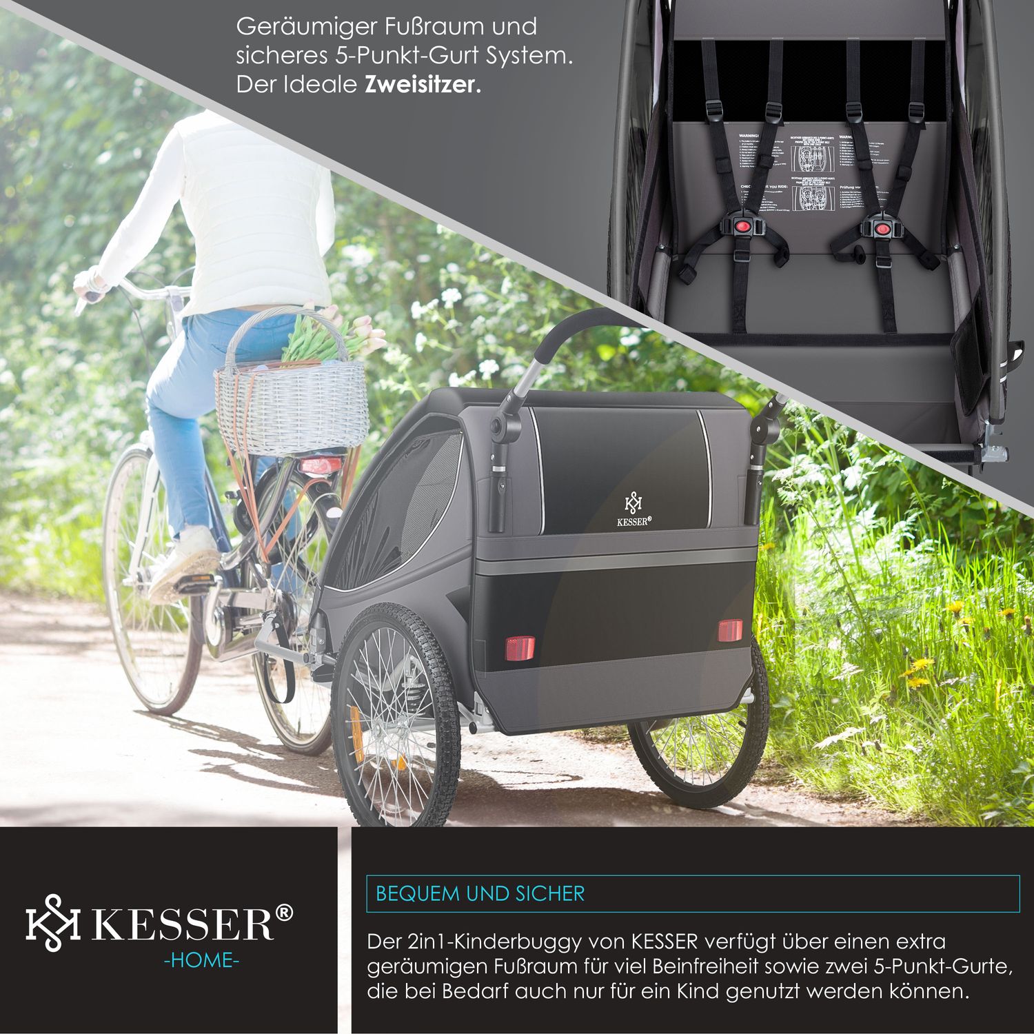 KESSER Kinderanhnger Fahrradanhnger 360 Drehbar mit Federung 2in1  Joggerfunktion Kinderfahrradanhnger + 5-Punkt Gurt Jogger Fahrrad Anhnger  fr 1 bis 2 Kinder max. 40kg online kaufen bei Netto