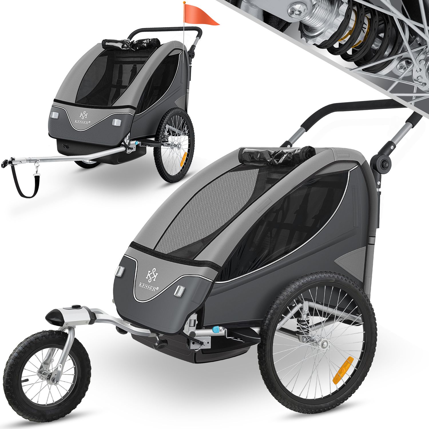 KESSER&reg; Kinderanh&auml;nger Fahrradanh&auml;nger 360&deg; Drehbar mit Federung 2in1 Joggerfunktion Kinderfahrradanh&auml;nger + 5-Punkt Gurt Jogger Fahrrad Anh&auml;nger f&uuml;r 1 bis 2 Kinder max. 40kg - Bild 1