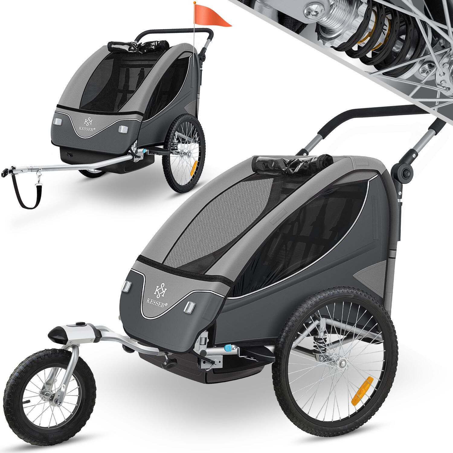 KESSER® Kinderanhänger Fahrradanhänger 360° Drehbar mit Federung 2in1 Joggerfunktion Kinderfahrradanhänger + 5-Punkt Gurt Jogger Fahrrad Anhänger für 1 bis 2 Kinder max. 40kg | 04255598307925