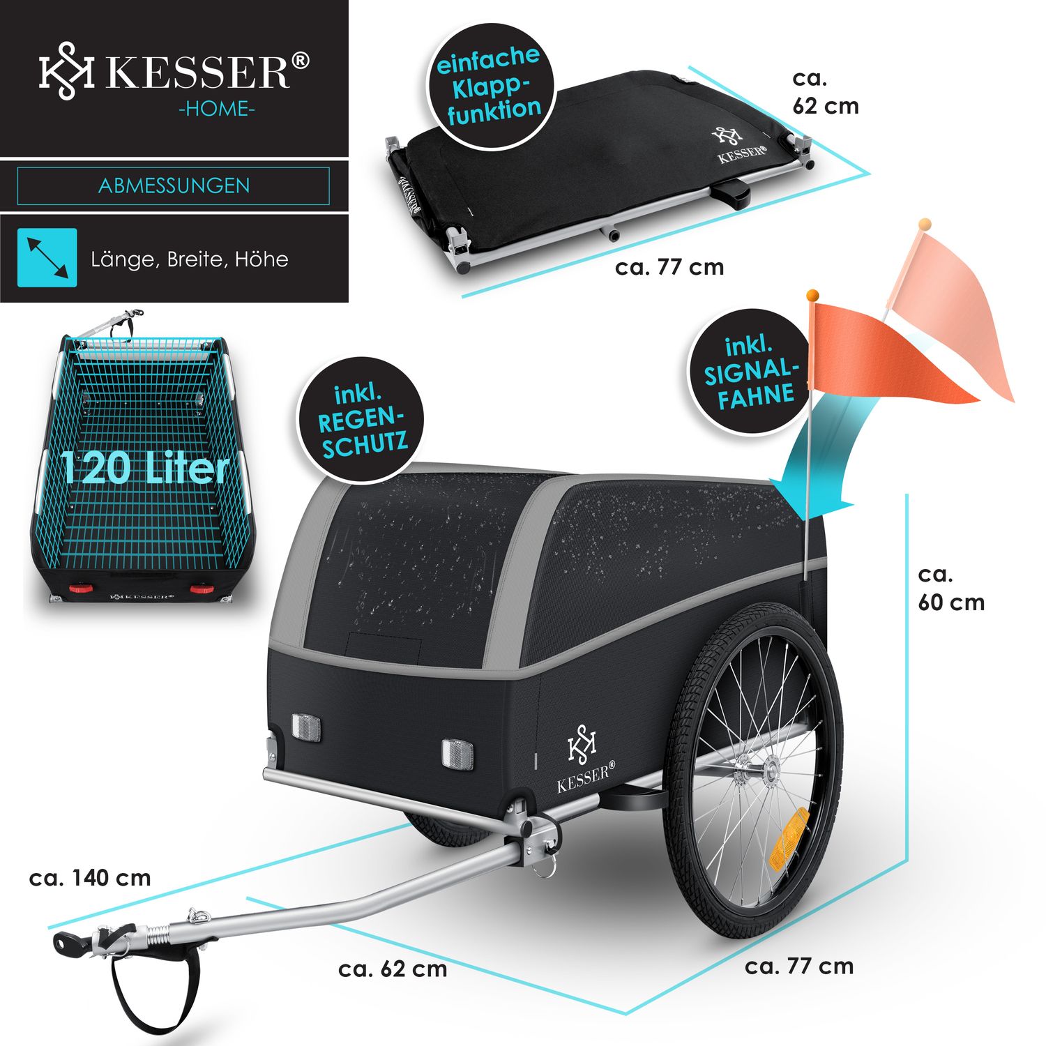 KESSER Fahrradanhnger Lastenanhnger Transportanhnger Hochdeichsel mit  Kupplung, Inkl. Abdeckung Klappfunktion Hochdeichsel Anhnge fr Fahrrad  Transportbox mit 120 Liter Max. 40 kg online kaufen bei Netto