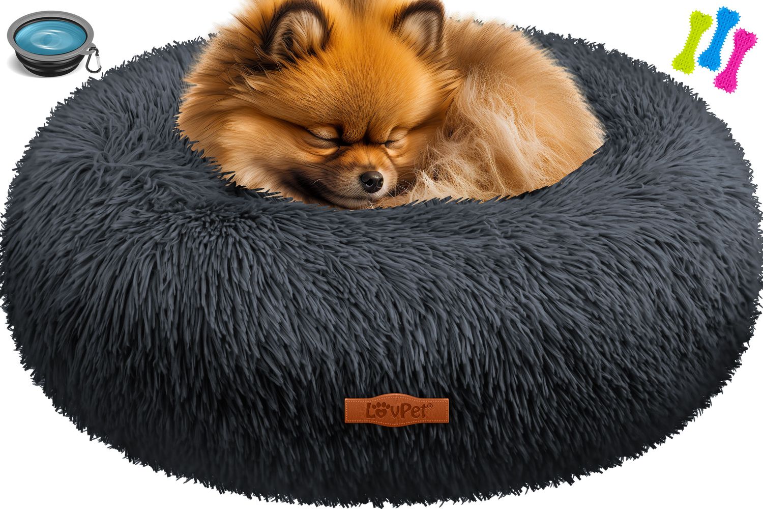 LOVPET&reg; Hundebett Hundekissen Katzenbett Bagel, Waschbar, Inkl. Napf + 3x Kauknochen, Hundesofa flauschig Kissen Rund aus Pl&uuml;sch f&uuml;r Kleine, Mittelgro&szlig;e & Gro&szlig;e Hunde, Katzen - Bild 1