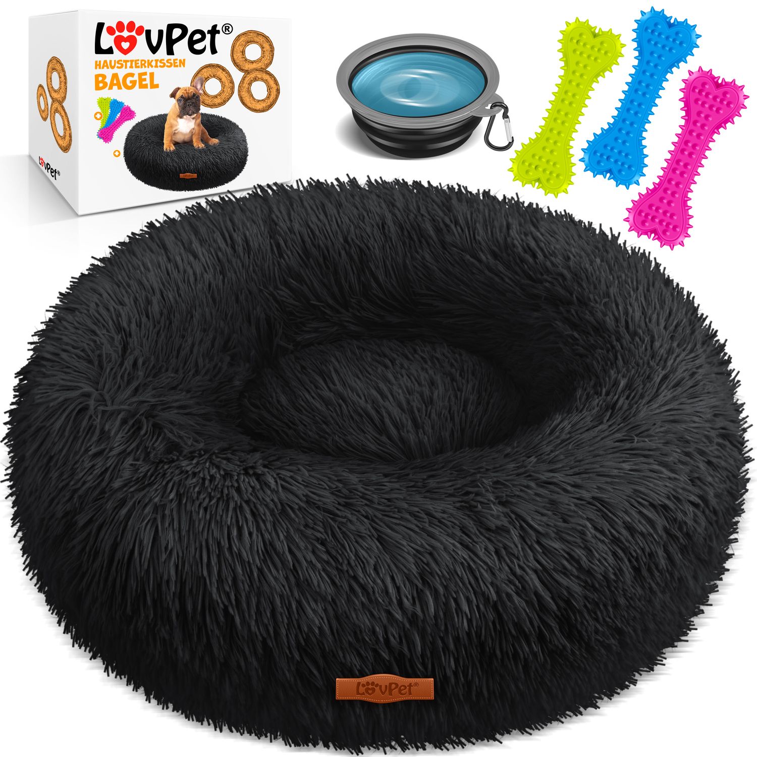LOVPET&reg; Hundebett Hundekissen Katzenbett Bagel, Waschbar, Inkl. Napf + 3x Kauknochen, Hundesofa flauschig Kissen Rund aus Pl&uuml;sch f&uuml;r Kleine, Mittelgro&szlig;e & Gro&szlig;e Hunde, Katzen - Bild 1