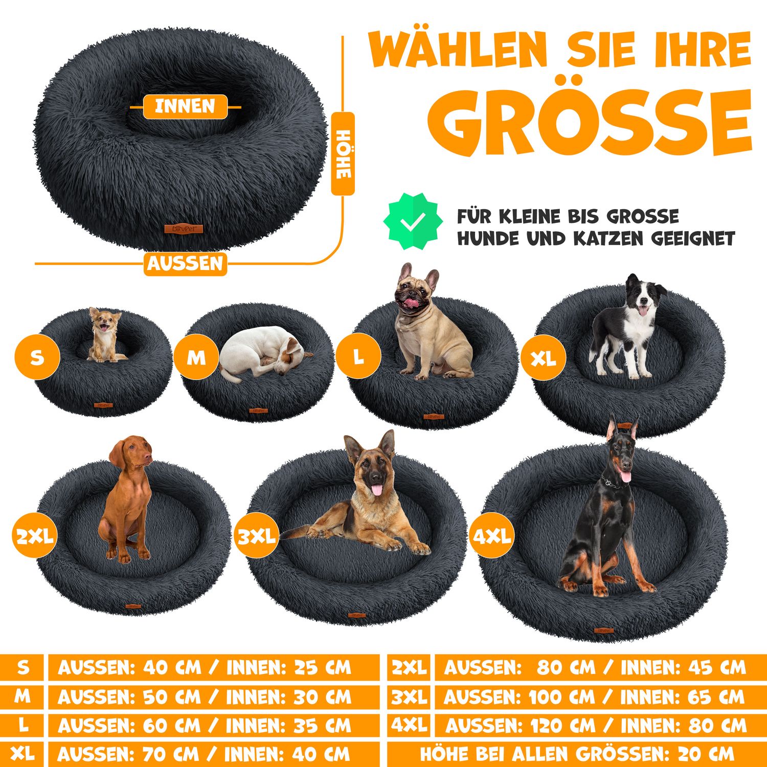 LOVPET&reg; Hundebett Hundekissen Katzenbett Bagel, Waschbar, Inkl. Napf + 3x Kauknochen, Hundesofa flauschig Kissen Rund aus Pl&uuml;sch f&uuml;r Kleine, Mittelgro&szlig;e & Gro&szlig;e Hunde, Katzen - Bild 1