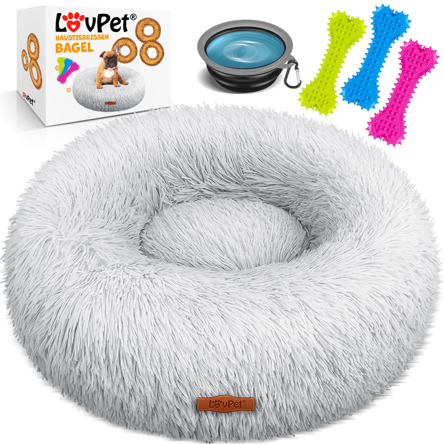 LOVPET&reg; Hundebett Hundekissen Katzenbett Bagel, Waschbar, Inkl. Napf + 3x Kauknochen, Hundesofa flauschig Kissen Rund aus Pl&uuml;sch f&uuml;r Kleine, Mittelgro&szlig;e & Gro&szlig;e Hunde, Katzen - Bild 1