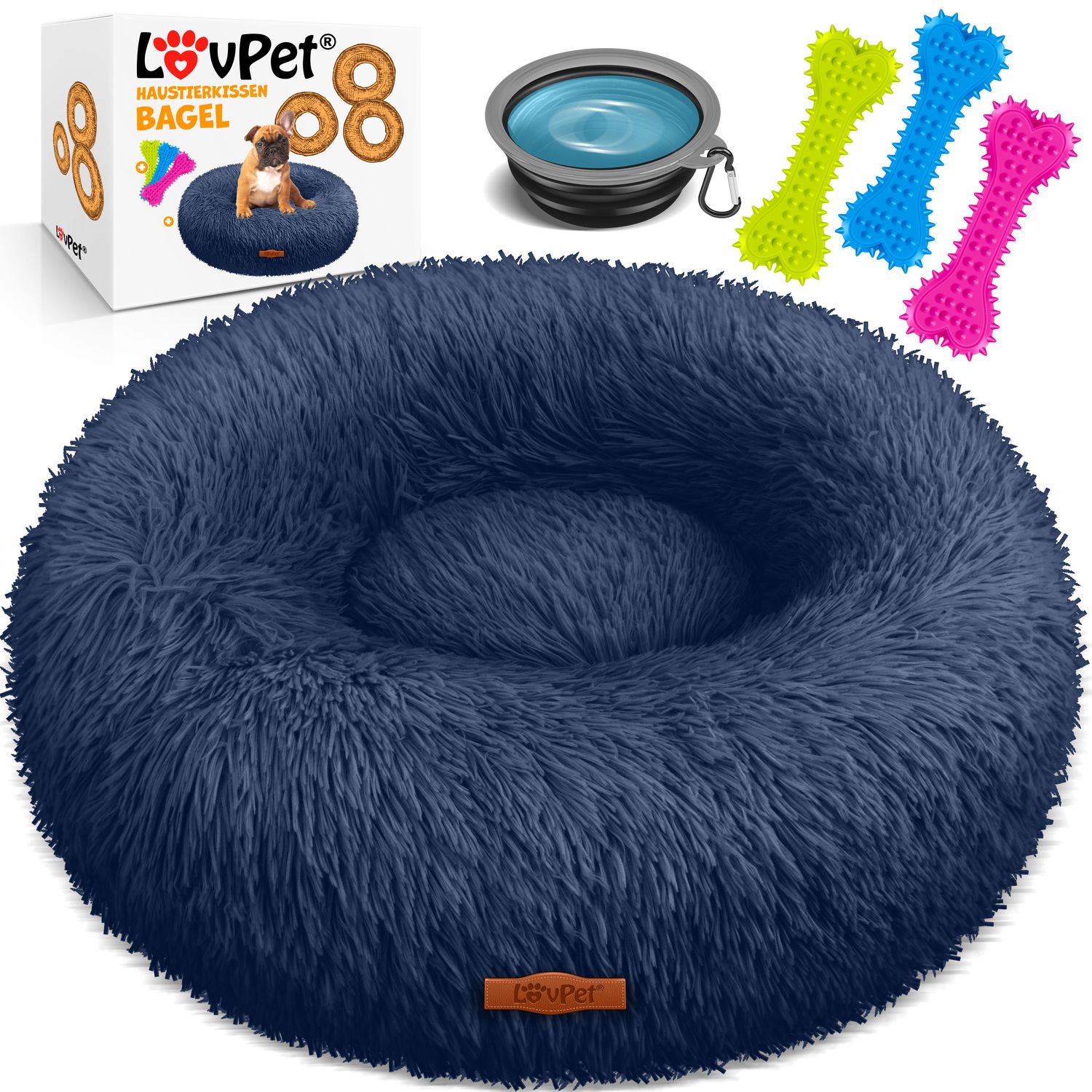 LOVPET&reg; Hundebett Hundekissen Katzenbett Bagel, Waschbar, Inkl. Napf + 3x Kauknochen, Hundesofa flauschig Kissen Rund aus Pl&uuml;sch f&uuml;r Kleine, Mittelgro&szlig;e & Gro&szlig;e Hunde, Katzen - Bild 1