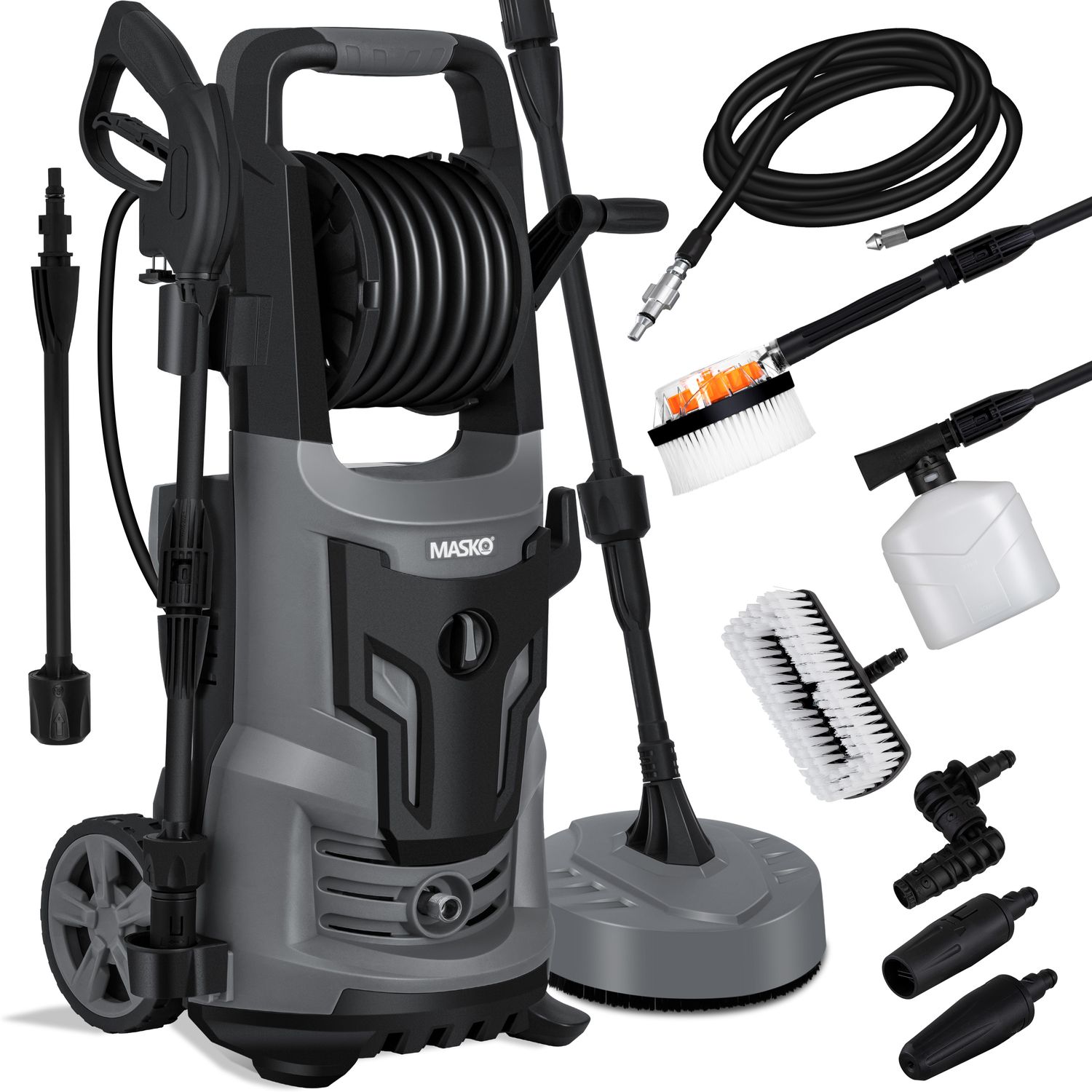 MASKO&reg; Hochdruckreiniger 2200 Watt 165 bar 450 l/h, mit Spule Schlauchtrommel 10m Schlauch 9 TLG Zubeh&ouml;r Set, mit Handschuhen, Seifenflasche, Schaumd&uuml;se, Hochdruckpistole f&uuml;r Autos/Z&auml;une/Garten/Patios - Bild 1