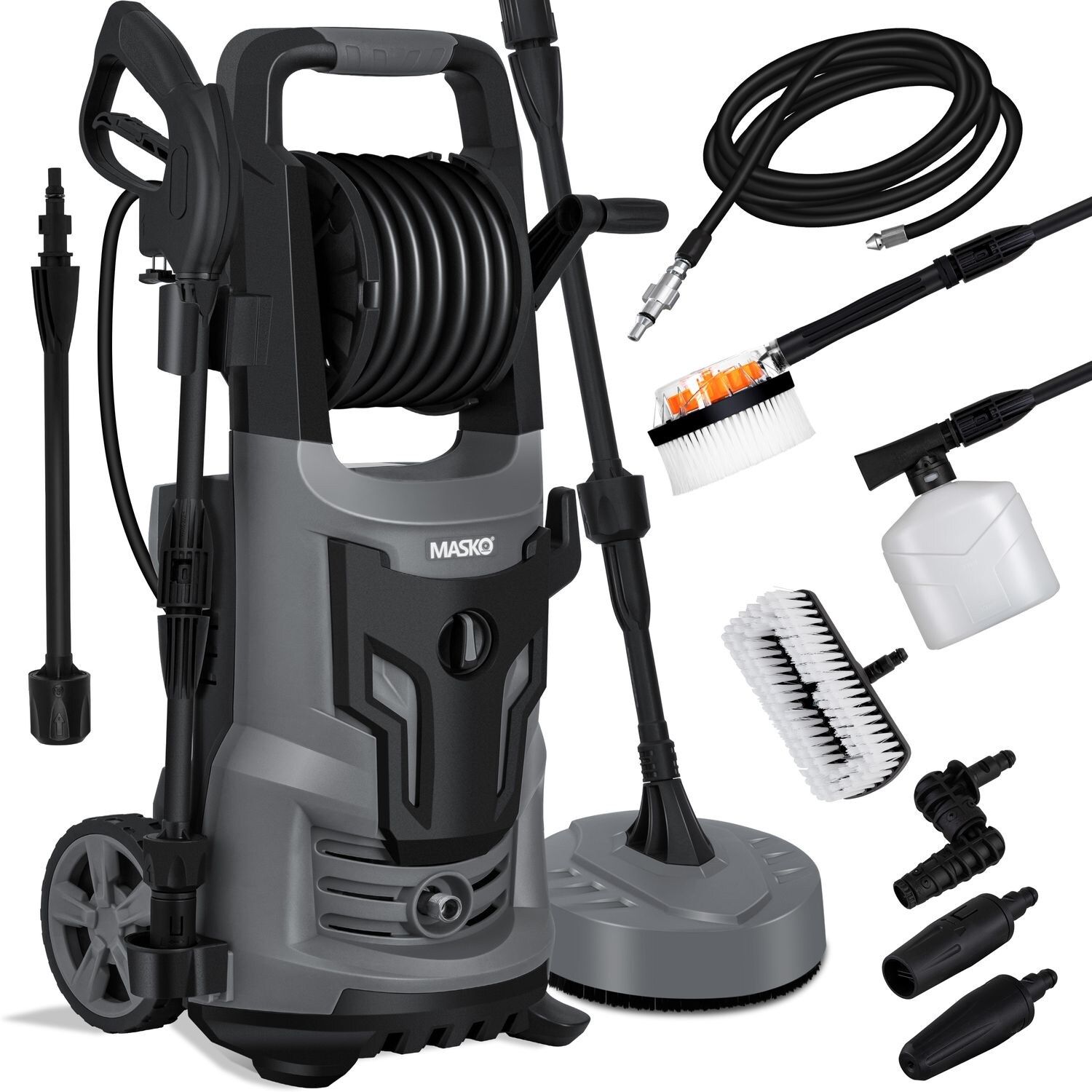 MASKO® Hochdruckreiniger 2200 Watt 165 bar 450 l/h, mit Spule Schlauchtrommel 10m Schlauch 9 TLG Zubehör Set, mit Handschuhen, Seifenflasche, Schaumdüse, Hochdruckpistole für Autos/Zäune/Garten/Patios | 04255598310109