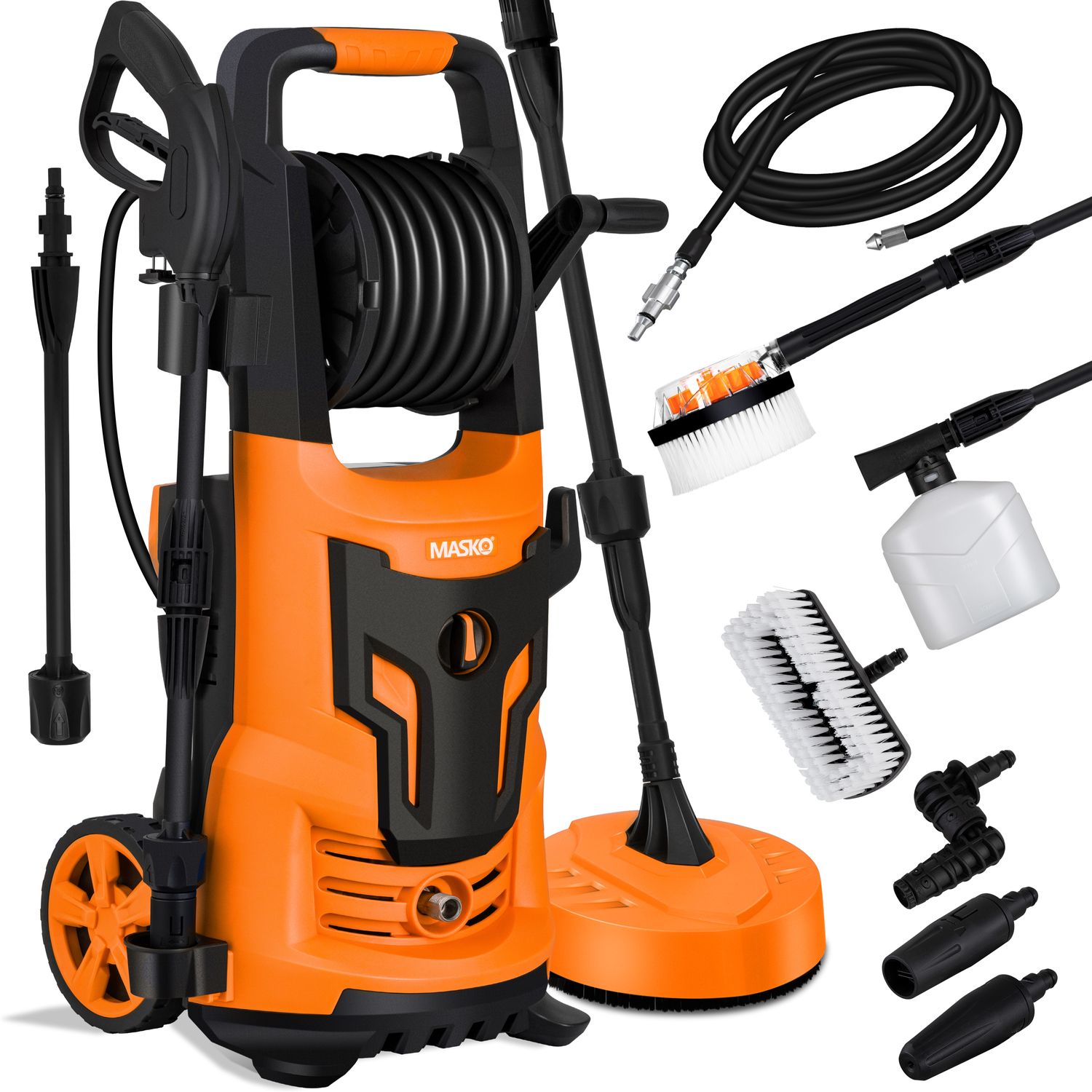 MASKO&reg; Hochdruckreiniger 2200 Watt 165 bar 450 l/h, mit Spule Schlauchtrommel 10m Schlauch 9 TLG Zubeh&ouml;r Set, mit Handschuhen, Seifenflasche, Schaumd&uuml;se, Hochdruckpistole f&uuml;r Autos/Z&auml;une/Garten/Patios - Bild 1