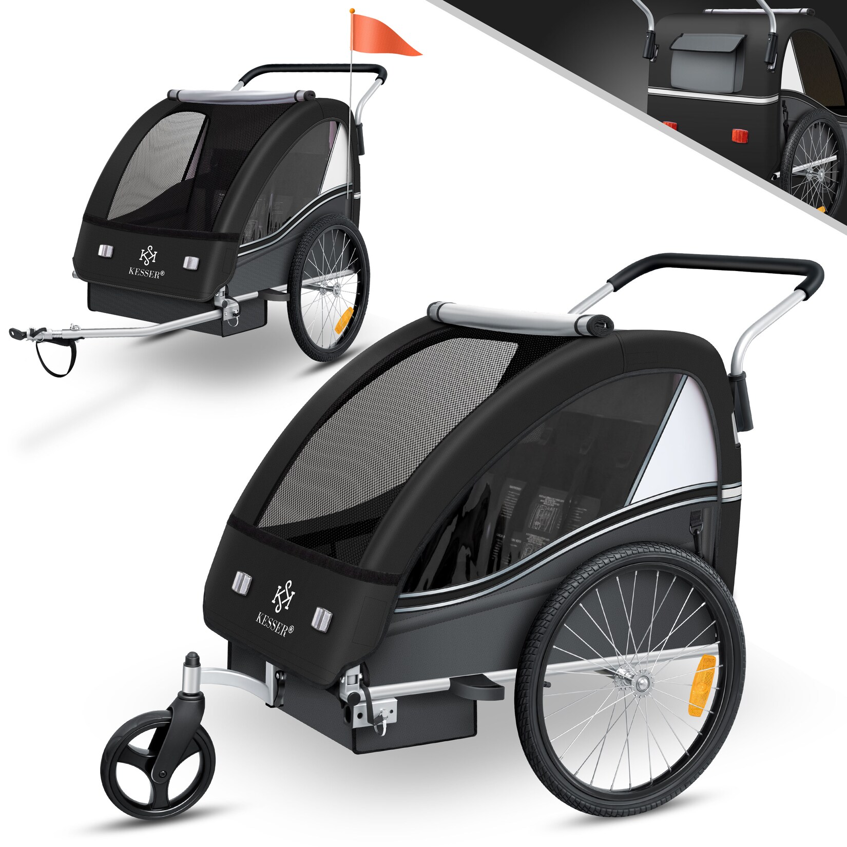 KESSER® Kinderanhänger Fahrradanhänger Sport-RX 2 in 1 Joggerfunktion Kinderfahrradanhänger + 5-Punkt Sicherheitsgurt 360°-Vorderrad Jogger Buggy Fahrrad Anhänger für 1 bis 2 Kinder max. 40kg
