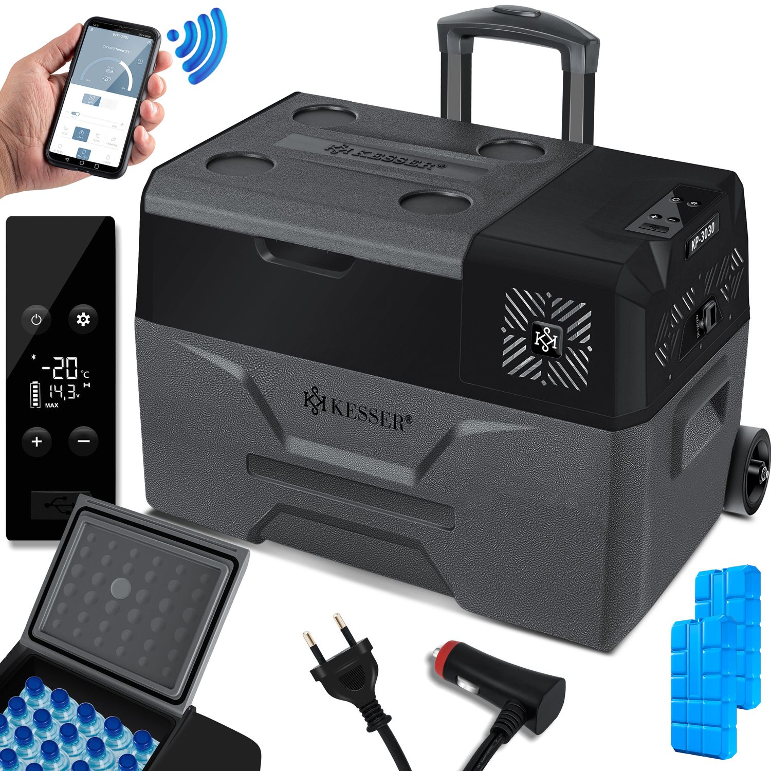 KESSER&reg; Kompressor K&uuml;hlbox elektrisch Gefrierbox, Mit APP-Steuerung USB-Anschluss 12/24 V 230V, +Teleskopstange, K&uuml;hlakkus R&auml;der K&uuml;hlschrank K&uuml;hlung bis -20 &deg;C f&uuml;r Auto, Lkw, Boot, Reisemobil, Camping - Bild 1
