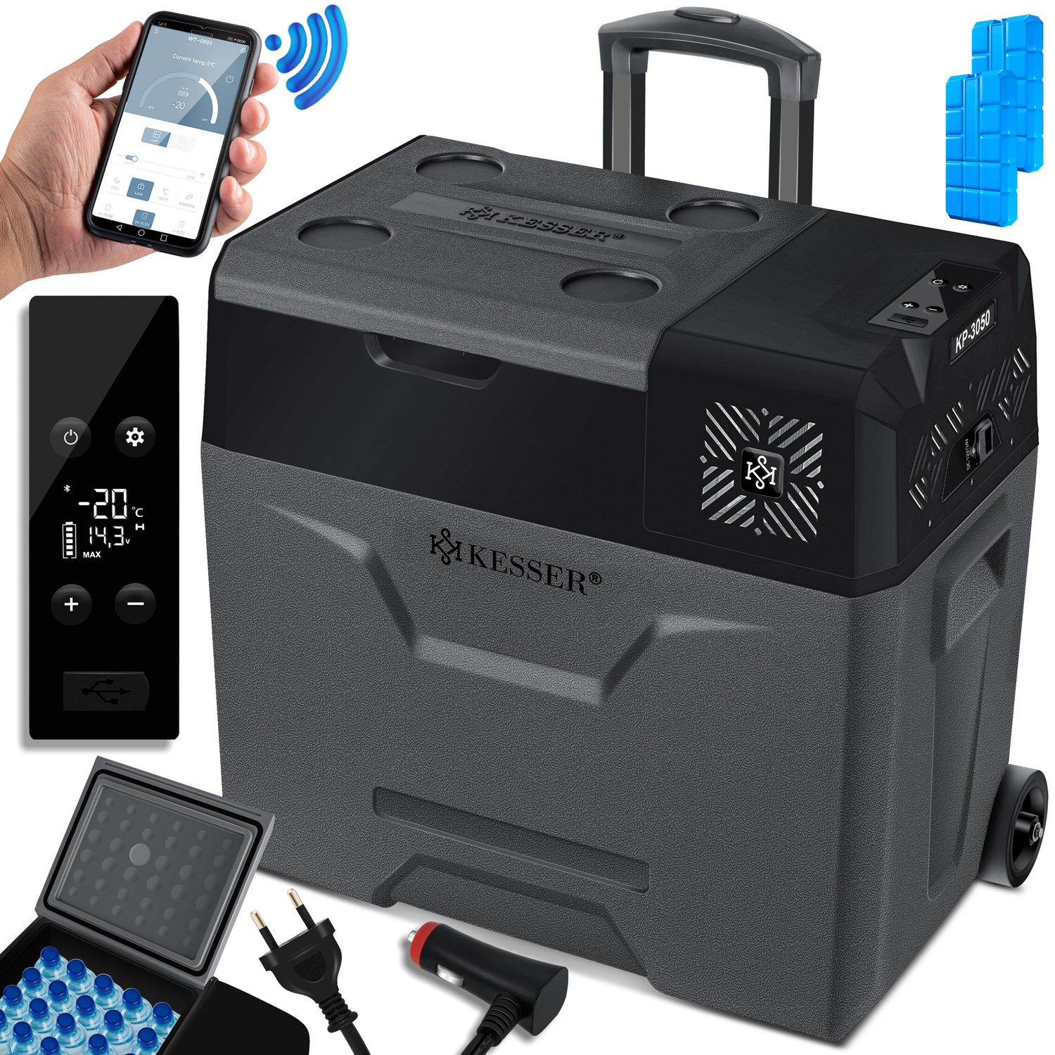 KESSER&reg; Kompressor K&uuml;hlbox elektrisch Gefrierbox, Mit APP-Steuerung USB-Anschluss 12/24 V 230V, +Teleskopstange, K&uuml;hlakkus R&auml;der K&uuml;hlschrank K&uuml;hlung bis -20 &deg;C f&uuml;r Auto, Lkw, Boot, Reisemobil, Camping - Bild 1