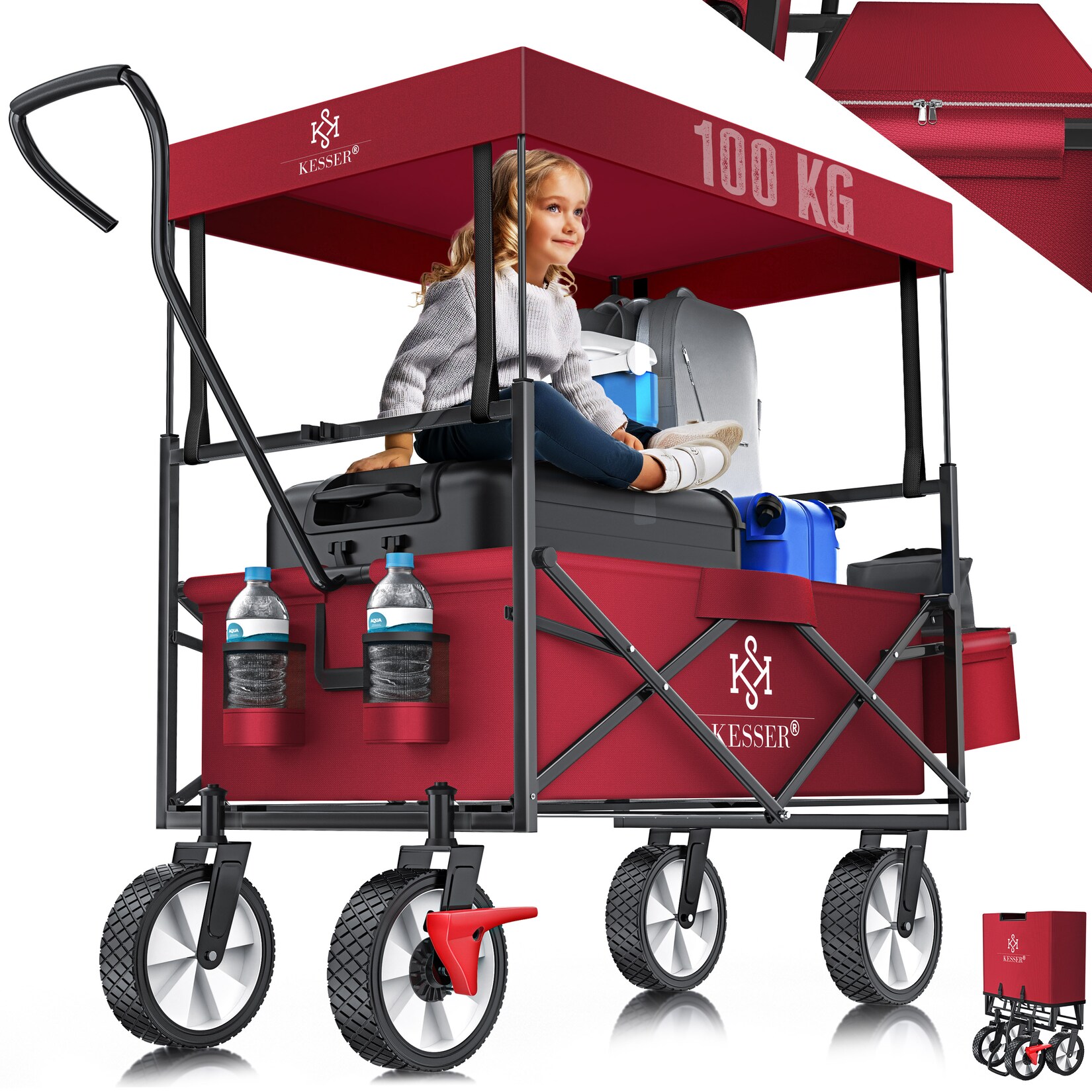 KESSER® Bollerwagen faltbar mit Dach Handwagen Transportkarre Gerätewagen inkl. 2 Netztaschen und Einer Außentasche klappbar Vollgummi-Reifen bis 100 kg Tragkraft Mit Vorderrad-Bremse