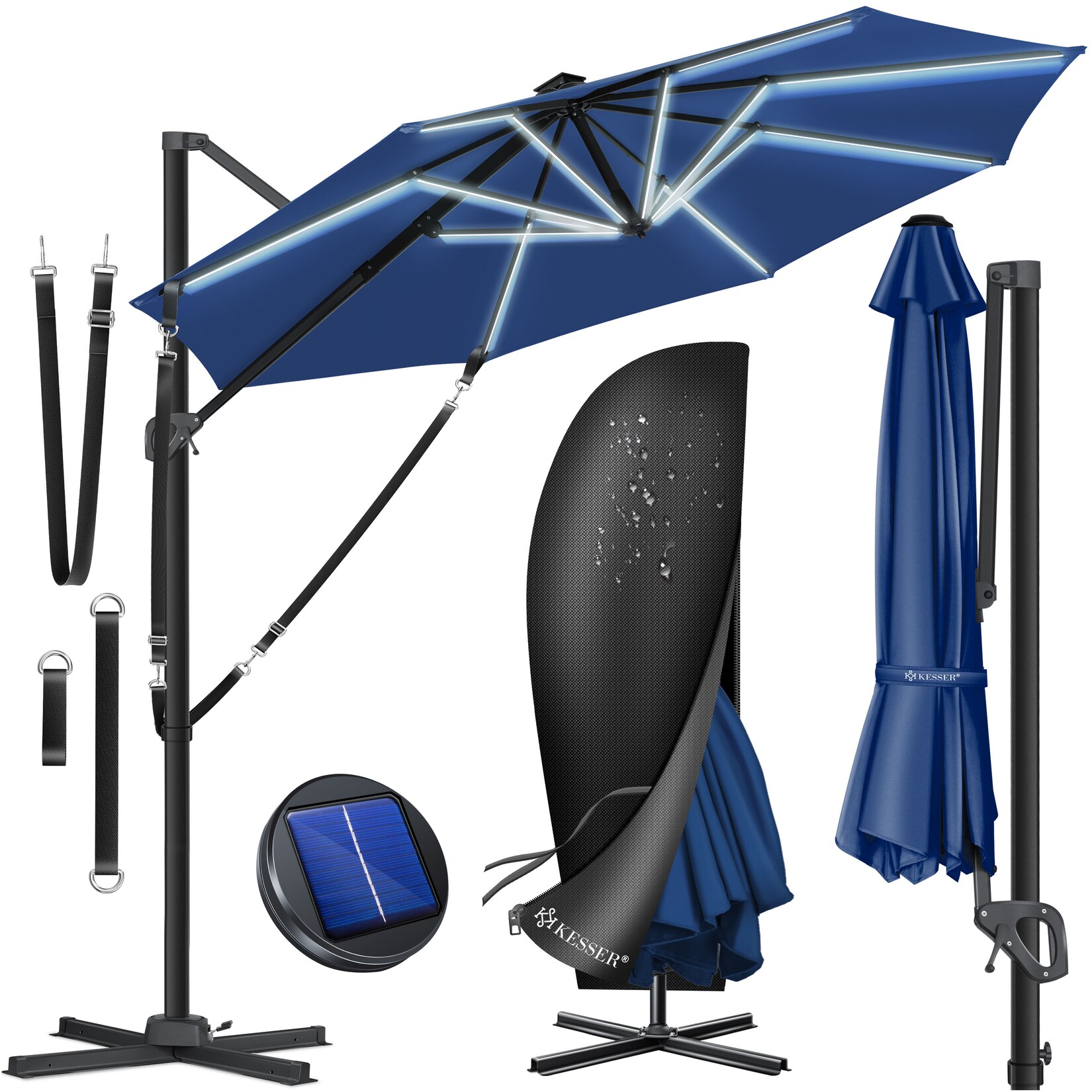 ® Sonnenschirm Ampelschirm SUN Rund XL Ø330 cm Inkl. Abdeckung + Windsicherung 7-Fach Verstellbar Drehbar Neigbar Kippbar Groß 360° Drehbar Gartenschirm mit Kurbel Sonnenschutz UV50+