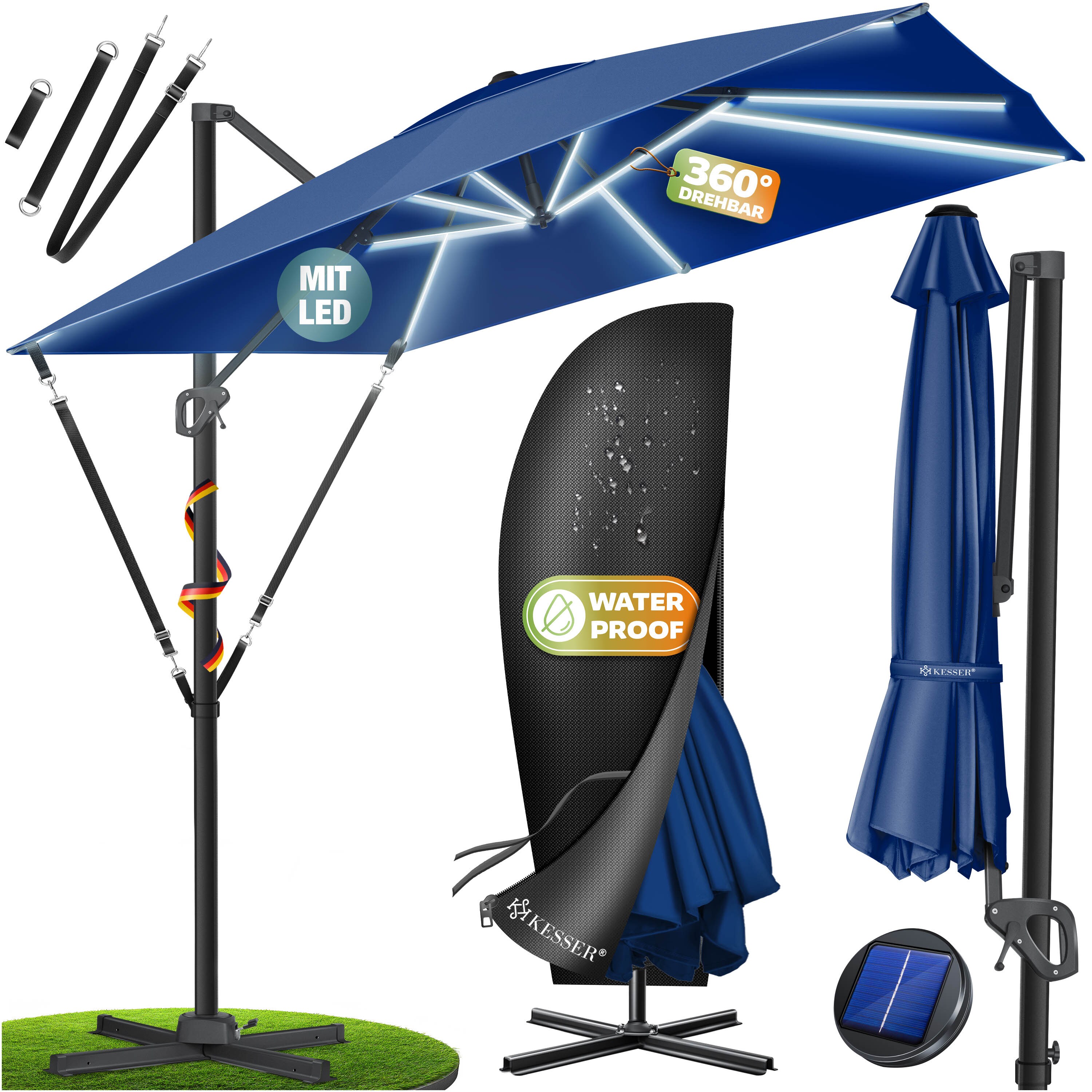 KESSER&reg; Sonnenschirm Ampelschirm SUN XL 300 x 300 cm Inkl. Abdeckung +Windsicherung Drehbar Neigbar Kippbar Marktschirm Gro&szlig; 360&deg; Rotation, Gartenschirm mit Kurbel Sonnenschutz UV50+ - Bild 1