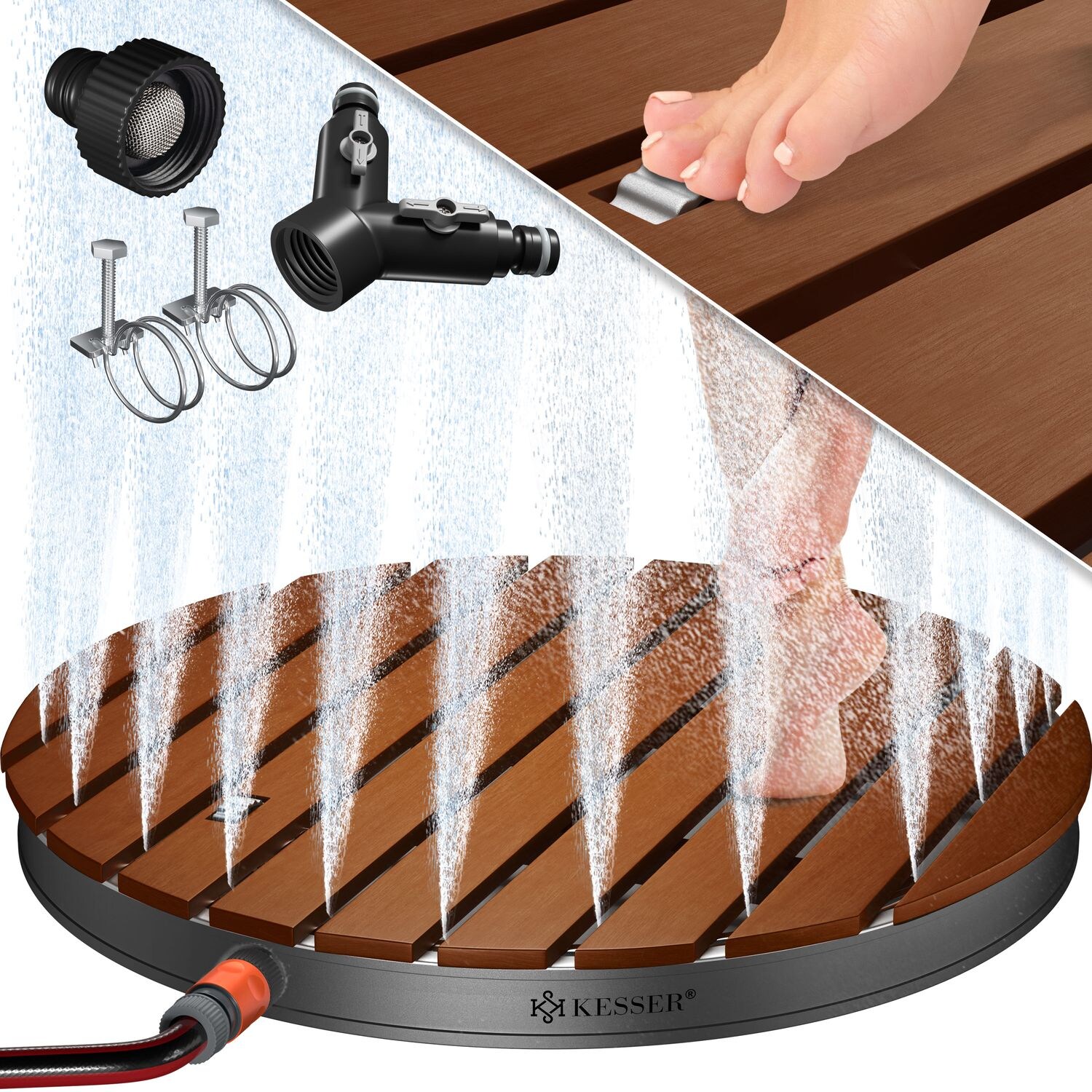 KESSER® Gartendusche Bodendusche Außendusche Saunadusche Campingdusche 70×55 cm Rechteck Fontänenhöhe bis 4 m einstellbar Mit Fußrad, Aluminium/WPC, rutschfeste Standfläche Wetterfest, Holzoptik | 04255598307093