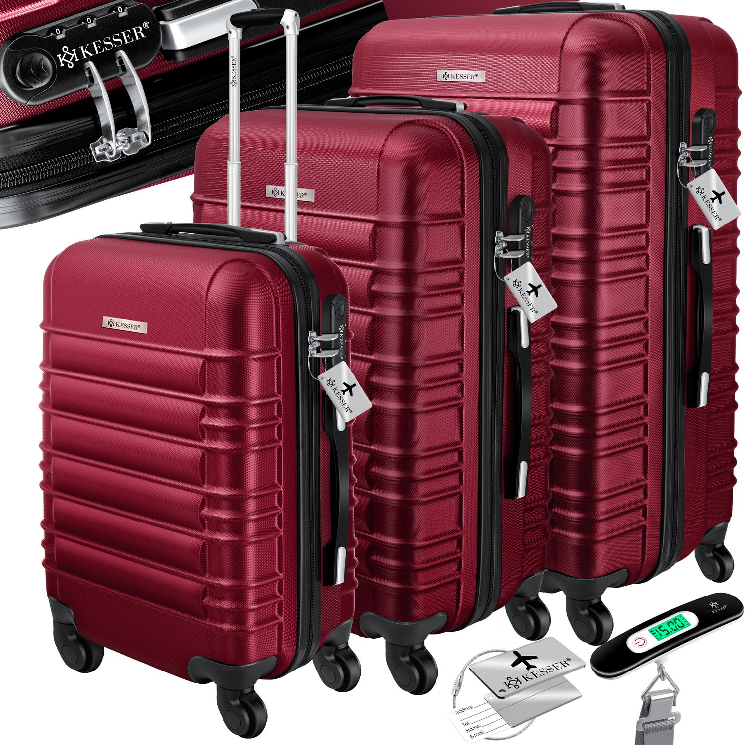 KESSER&reg; 3tlg. Hartschalenkofferset Hartschalenkoffer Reisekoffer Set Reisekofferset Trolley Koffer Inkl. Kofferwaage + Gep&auml;ckanh&auml;nger Rollkoffer Schloss 4 Rollen ABS-Hartschale Teleskopgriff M-L-XL - Bild 1