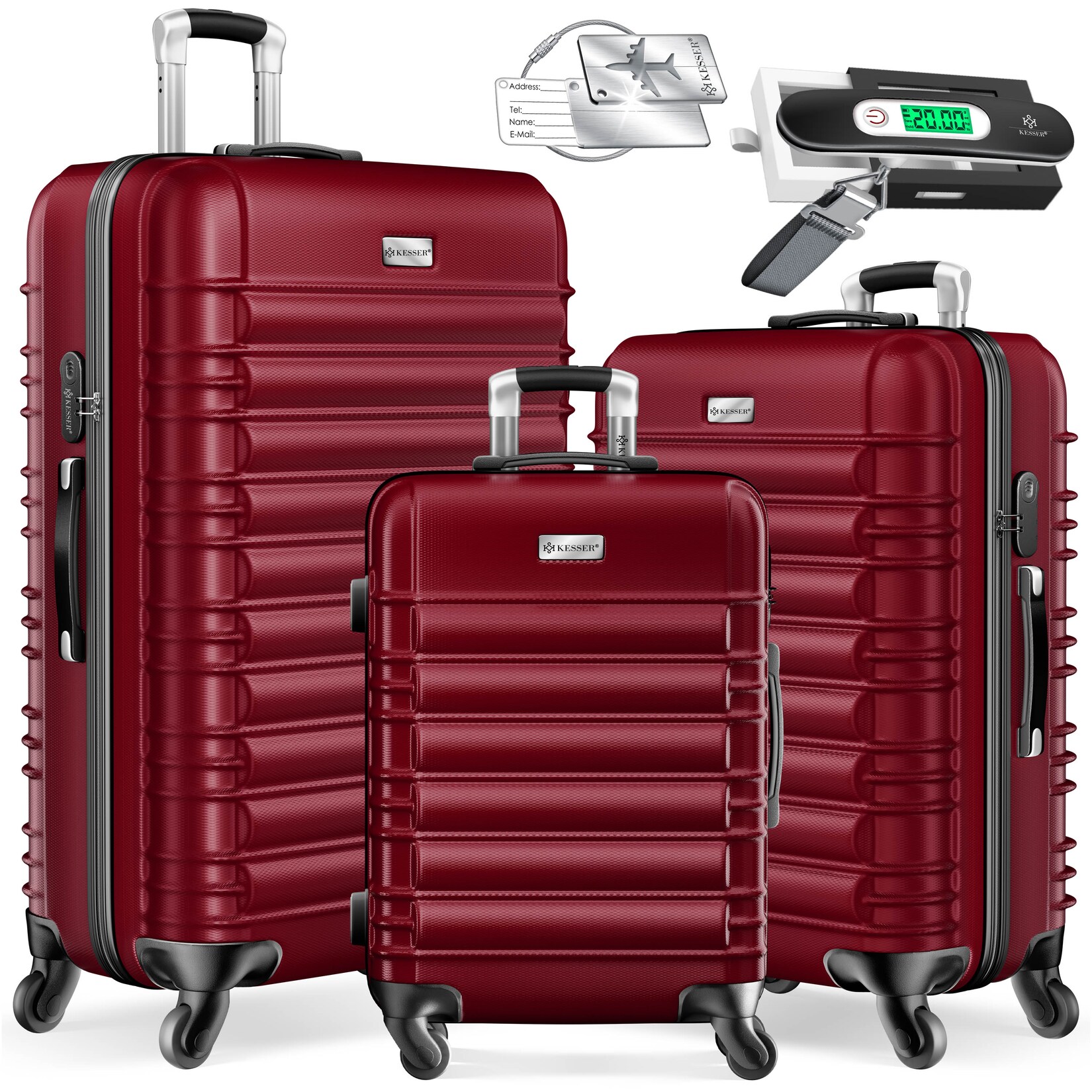 KESSER® 3tlg. Hartschalenkofferset Hartschalenkoffer Reisekoffer Set Reisekofferset Trolley Koffer Inkl. Kofferwaage + Gepäckanhänger Rollkoffer Schloss 4 Rollen ABS-Hartschale Teleskopgriff M-L-XL