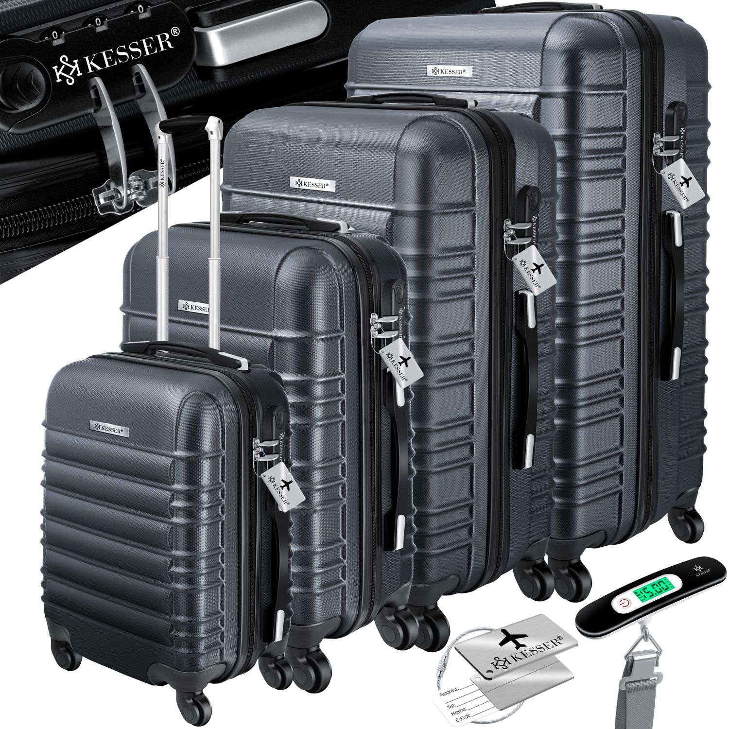 KESSER&reg; 4tlg. Hartschalenkofferset Hartschalenkoffer Reisekoffer Set Reisekofferset Trolley Koffer Inkl. Kofferwaage + Gep&auml;ckanh&auml;nger Rollkoffer Schloss 4 Rollen ABS-Hartschale Teleskopgriff S-M-L-XL - Bild 1