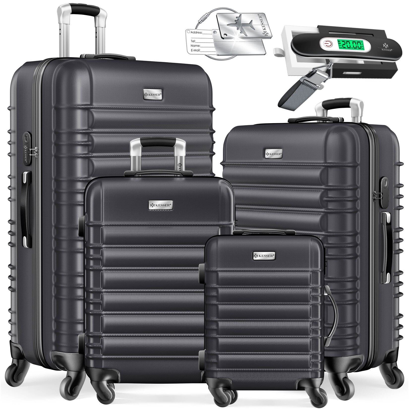 KESSER® 4tlg. Hartschalenkofferset Hartschalenkoffer Reisekoffer Set Reisekofferset Trolley Koffer Inkl. Kofferwaage + Gepäckanhänger Rollkoffer Schloss 4 Rollen ABS-Hartschale Teleskopgriff S-M-L-XL