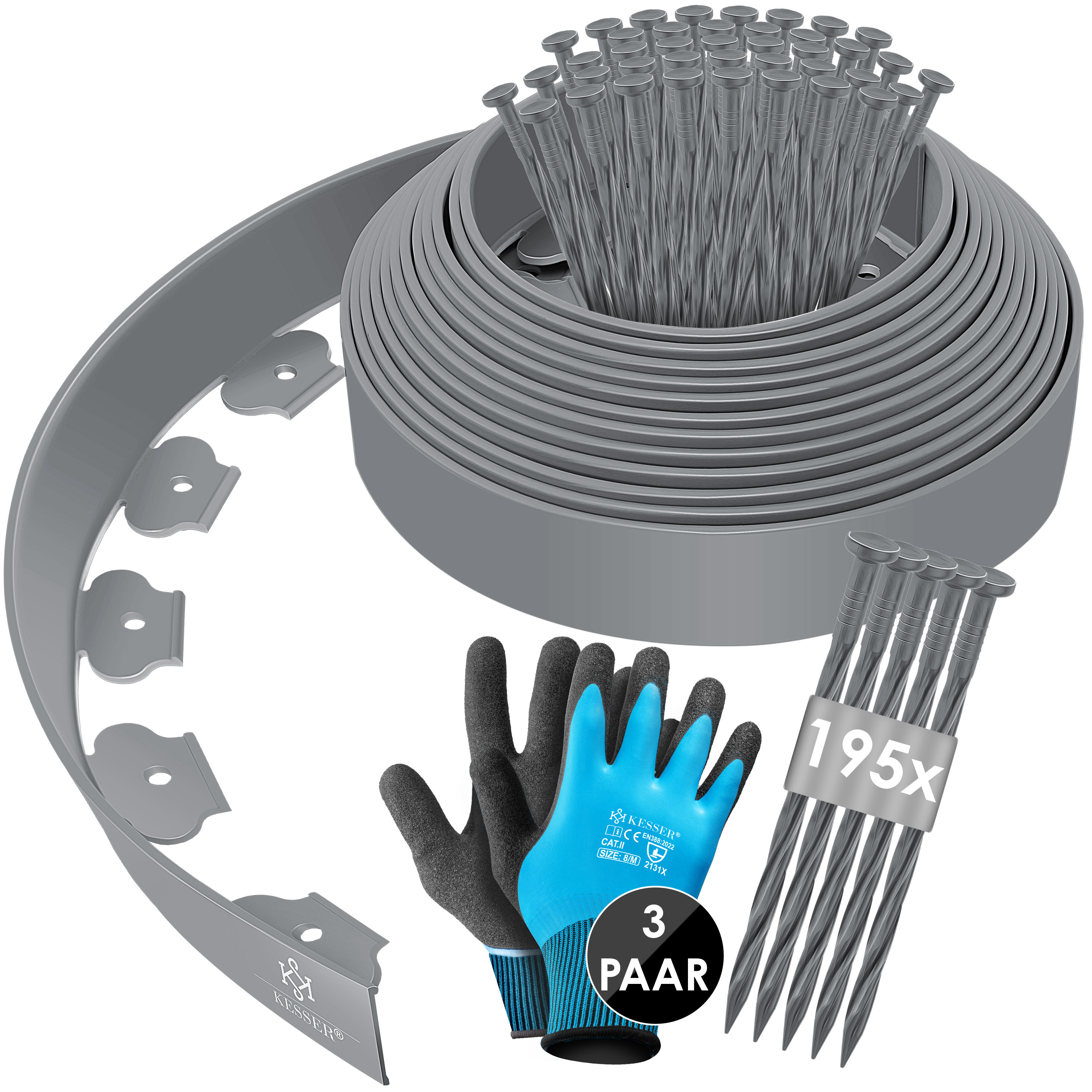KESSER&reg; Flexible Rasenkante aus Kunststoff L&auml;nge 10m H&ouml;he 5cm, mit 50 Erdanker + Handschuhe, Beeteinfassung Beetumrandung Beetbegrenzung M&auml;hkante Pflastersteine Palisade - Bild 1