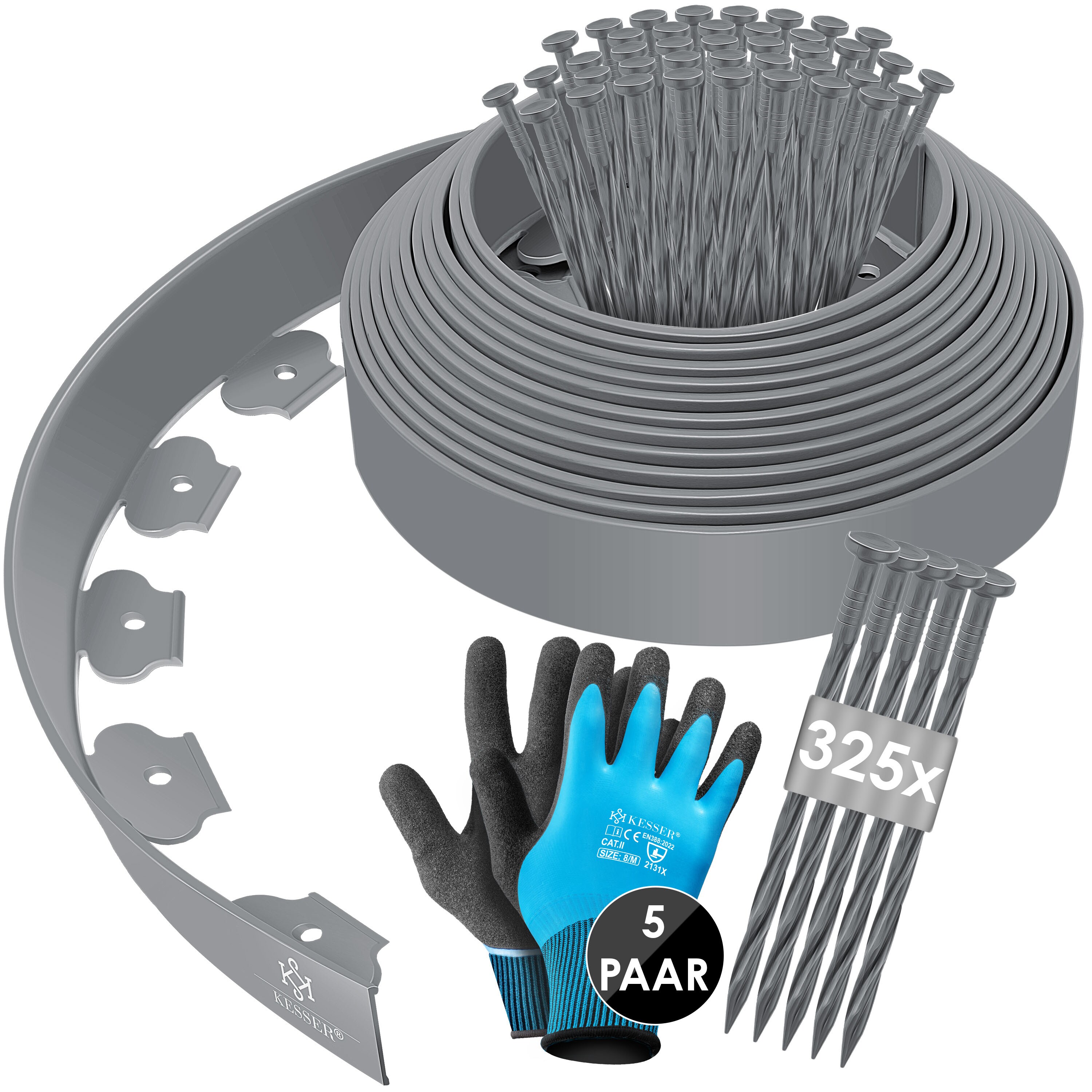 KESSER&reg; Flexible Rasenkante aus Kunststoff L&auml;nge 10m H&ouml;he 5cm, mit 50 Erdanker + Handschuhe, Beeteinfassung Beetumrandung Beetbegrenzung M&auml;hkante Pflastersteine Palisade - Bild 1