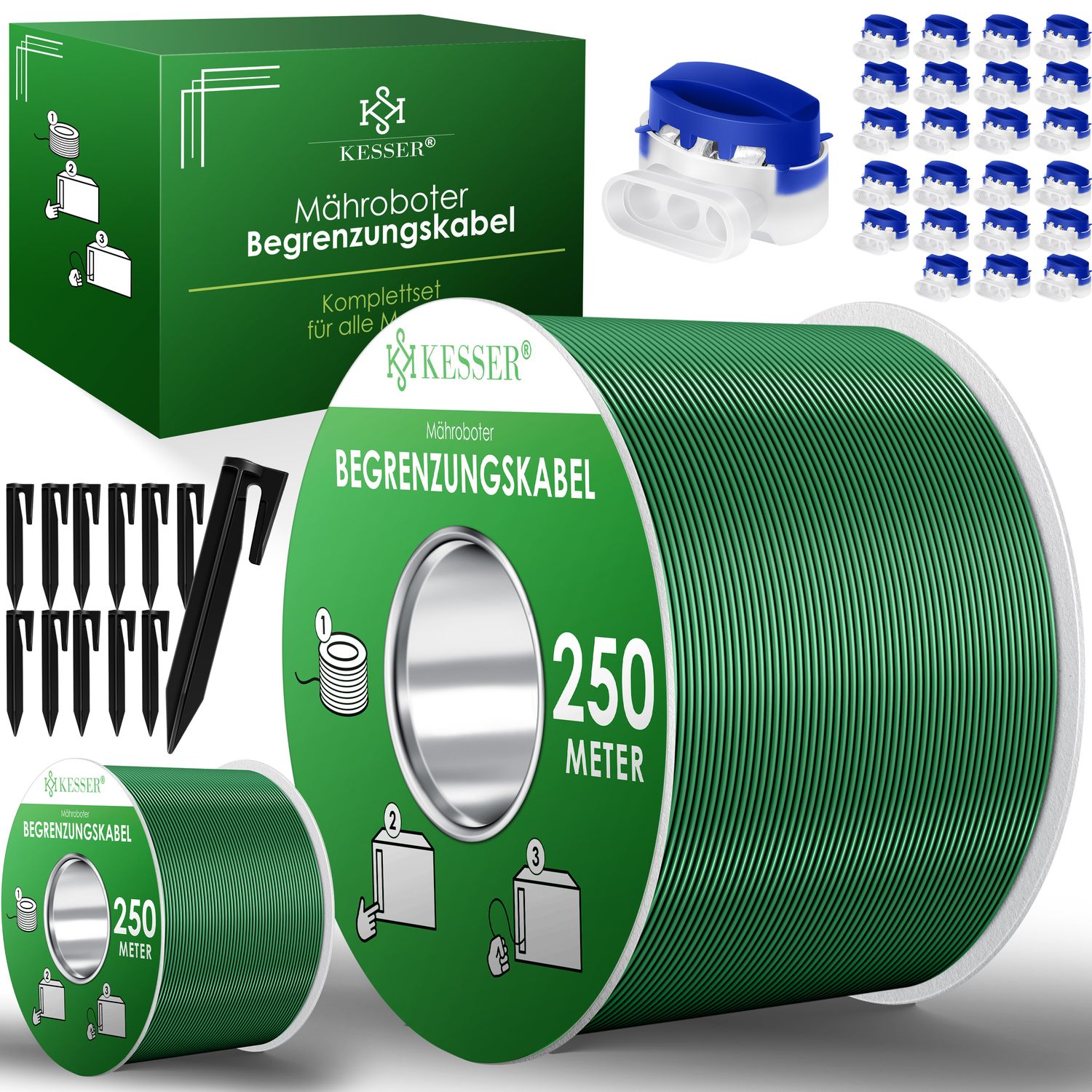 KESSER&reg; Begrenzungskabel + Erdspie&szlig;e + Kabelverbinder f&uuml;r M&auml;hroboter Rasenm&auml;her Rasenroboter Zubeh&ouml;r SET Begrenzungsdraht Universal kompatibel mit GARDENA/BOSCH/WORX/HONDA/ROBOMOW - Bild 1