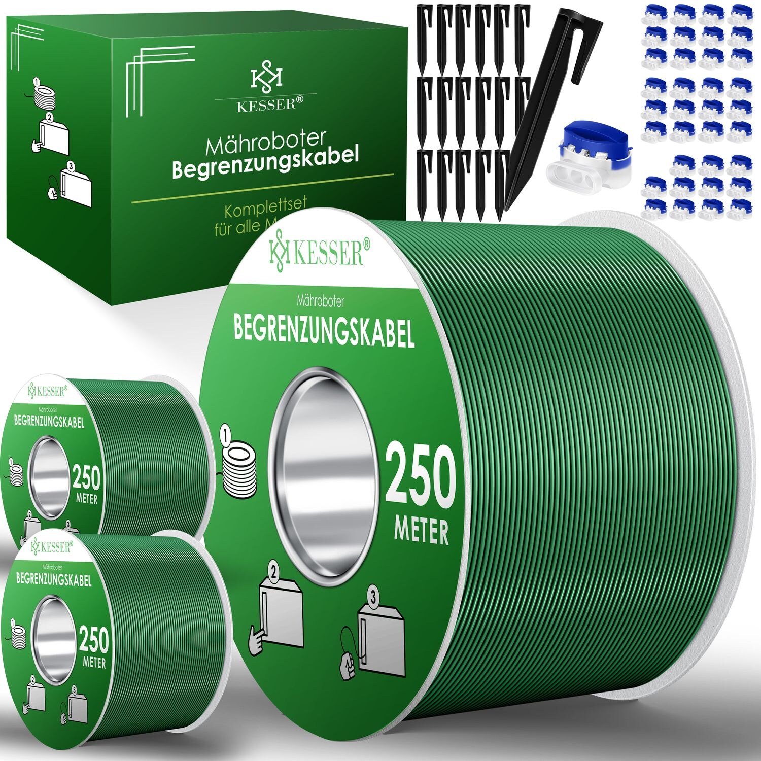 KESSER® Begrenzungskabel + Erdspieße + Kabelverbinder für Mähroboter Rasenmäher Rasenroboter Zubehör SET Begrenzungsdraht Universal kompatibel mit GARDENA/BOSCH/WORX/HONDA/ROBOMOW | 04255598314114