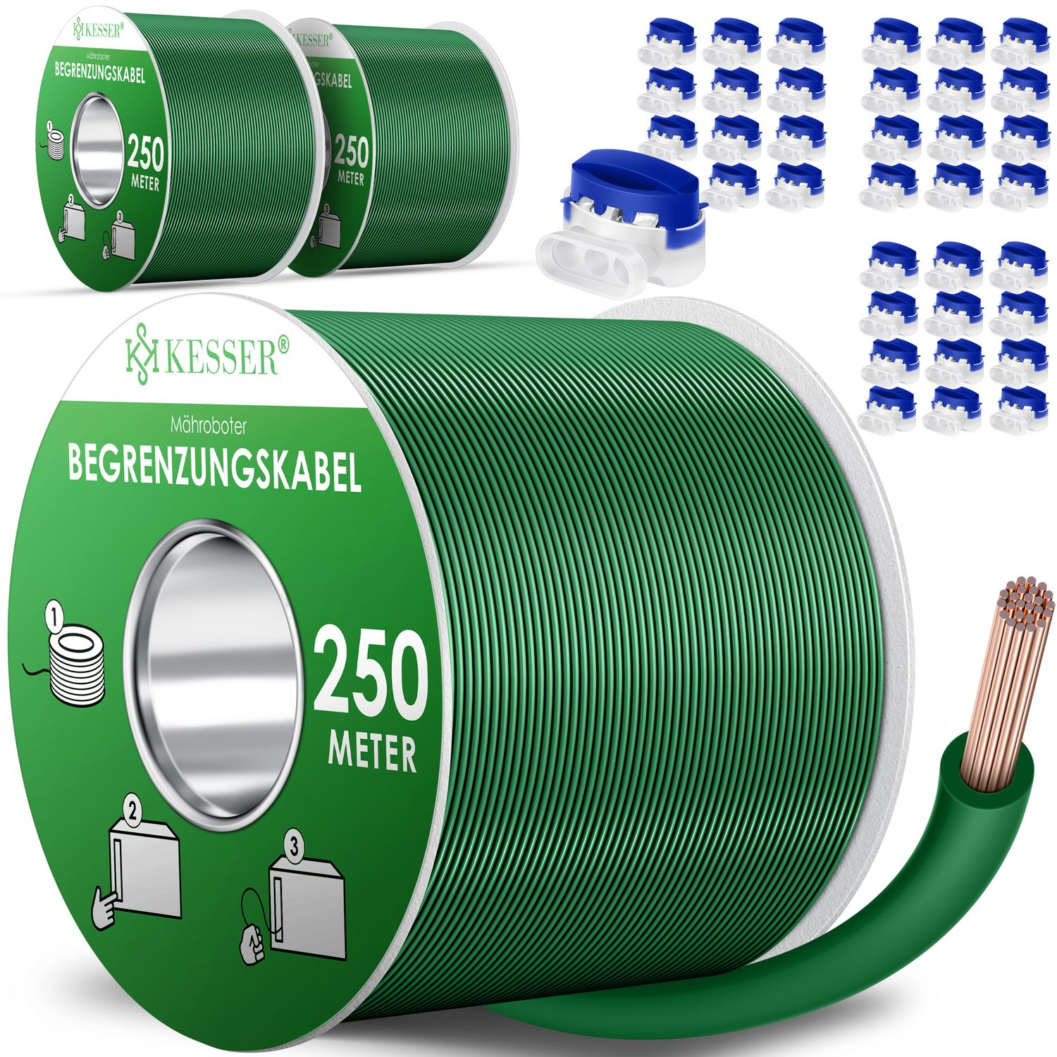 KESSER&reg; Begrenzungskabel + Erdspie&szlig;e + Kabelverbinder f&uuml;r M&auml;hroboter Rasenm&auml;her Rasenroboter Zubeh&ouml;r SET Begrenzungsdraht Universal kompatibel mit GARDENA/BOSCH/WORX/HONDA/ROBOMOW - Bild 1