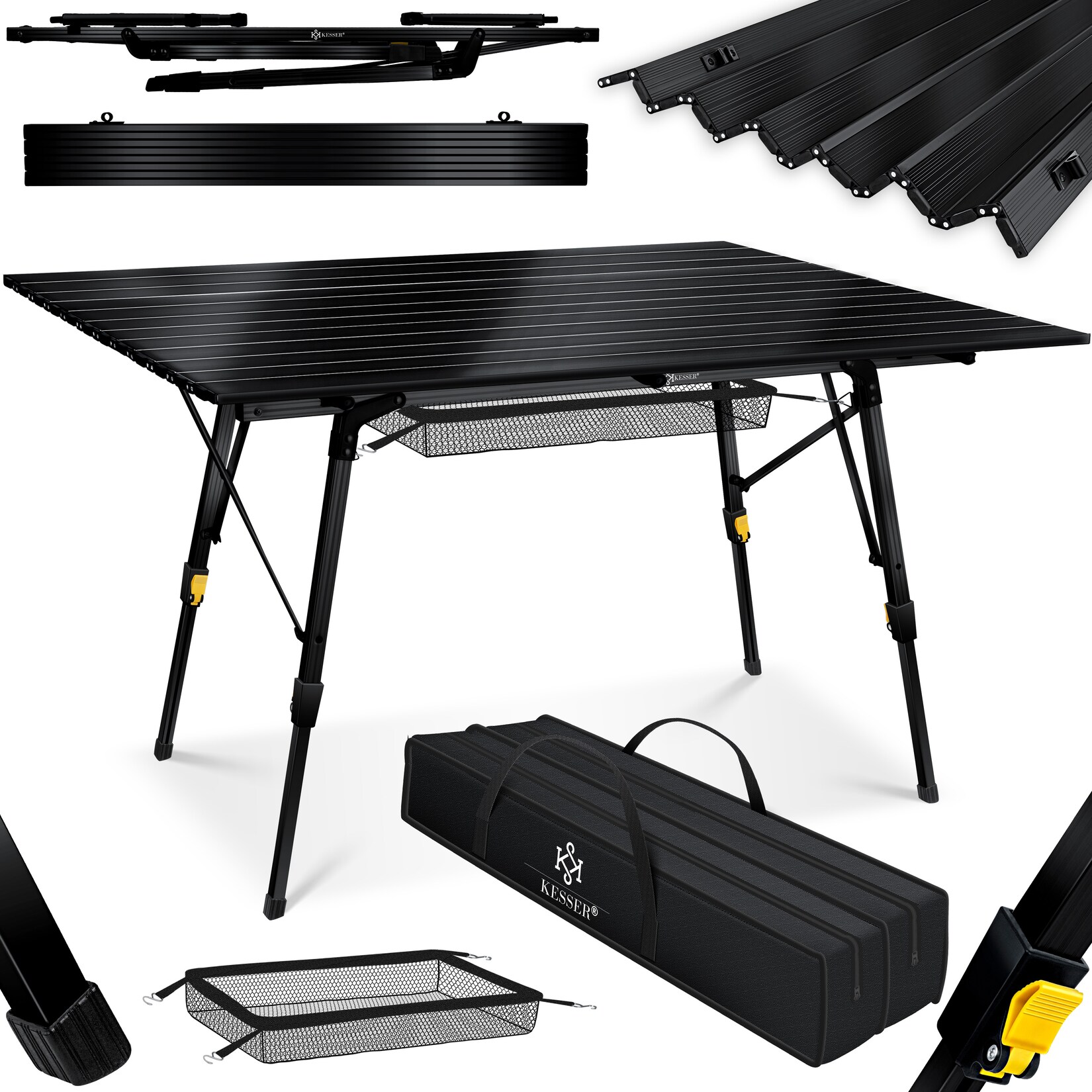 KESSER® Campingtisch faltbar Klapptisch mit Aluminiumrahmen Aufrollbare Tischplatte Falttisch klappbar höhenverstellbar inkl. Tragetasche mit Trageband & Netztasche