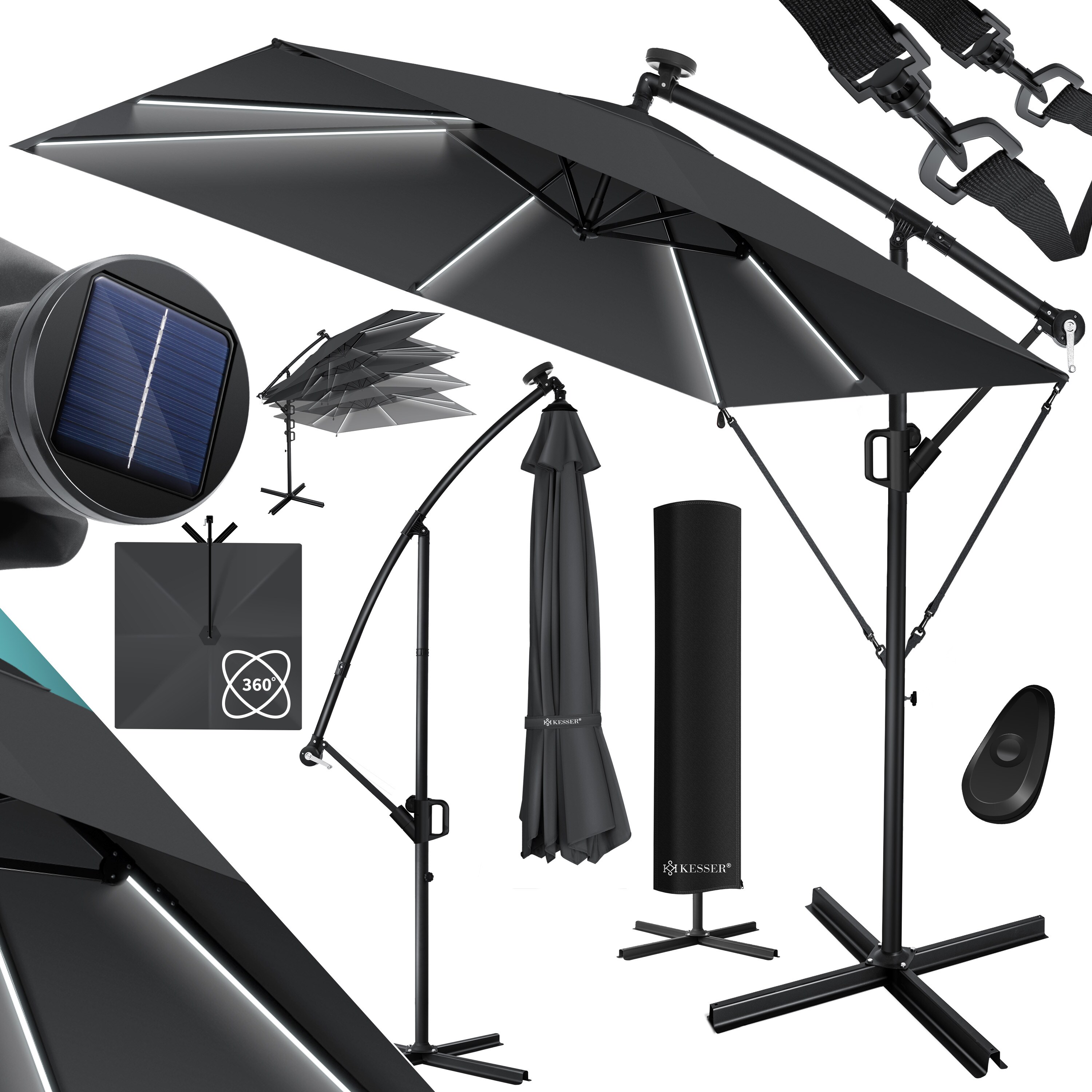 KESSER&reg; Ampelschirm Holly Sonnenschirm Rechteckig mit und ohne LED Solar inkl. Abdeckung + Windsicherung mit Kurbel | Kurbel-Schirm mit St&auml;nder UV-Schutz Aluminium Wasserabweisend &Oslash;350cm Gartenschirm - Bild 1