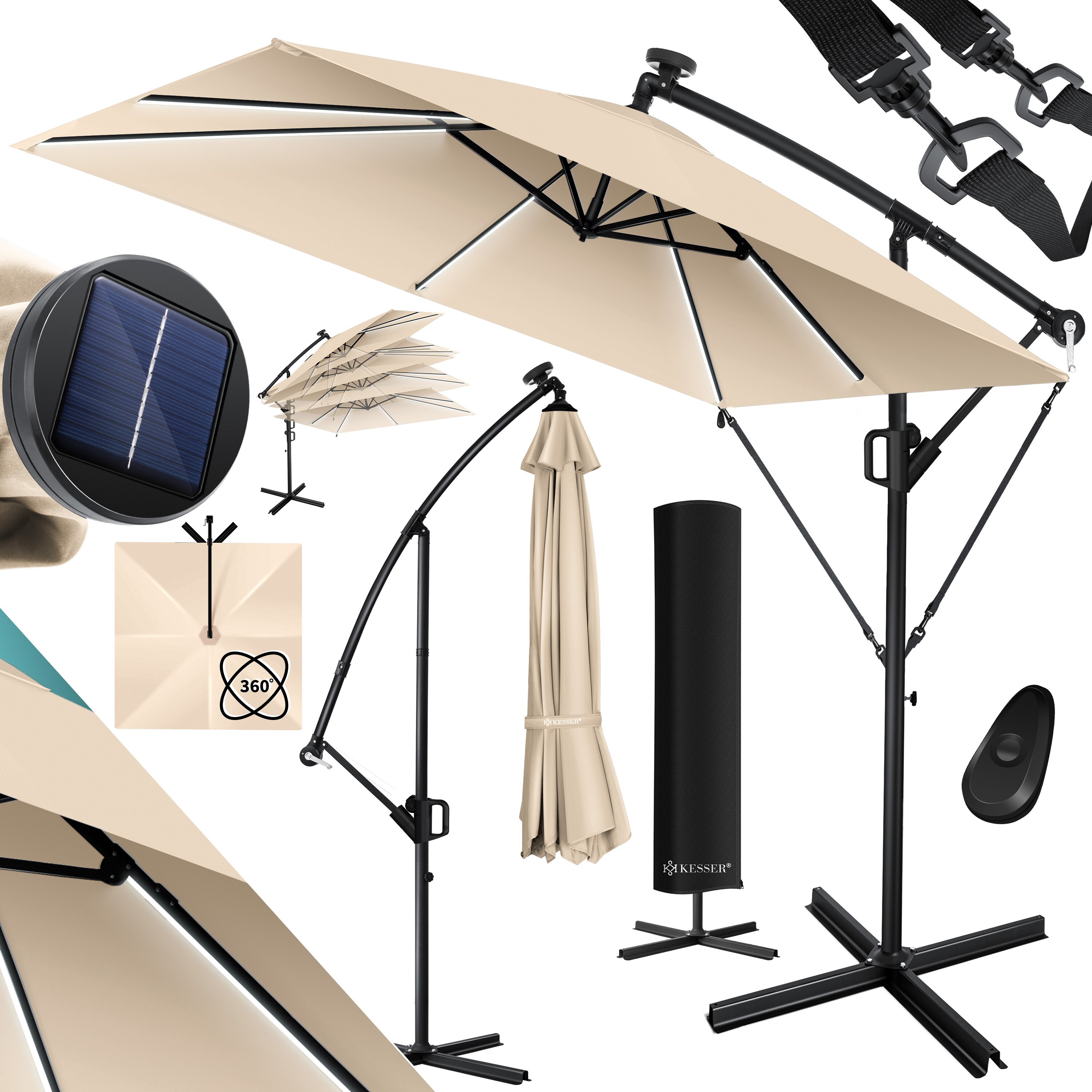 KESSER&reg; Ampelschirm Holly Sonnenschirm Rechteckig mit und ohne LED Solar inkl. Abdeckung + Windsicherung mit Kurbel | Kurbel-Schirm mit St&auml;nder UV-Schutz Aluminium Wasserabweisend &Oslash;350cm Gartenschirm - Bild 1
