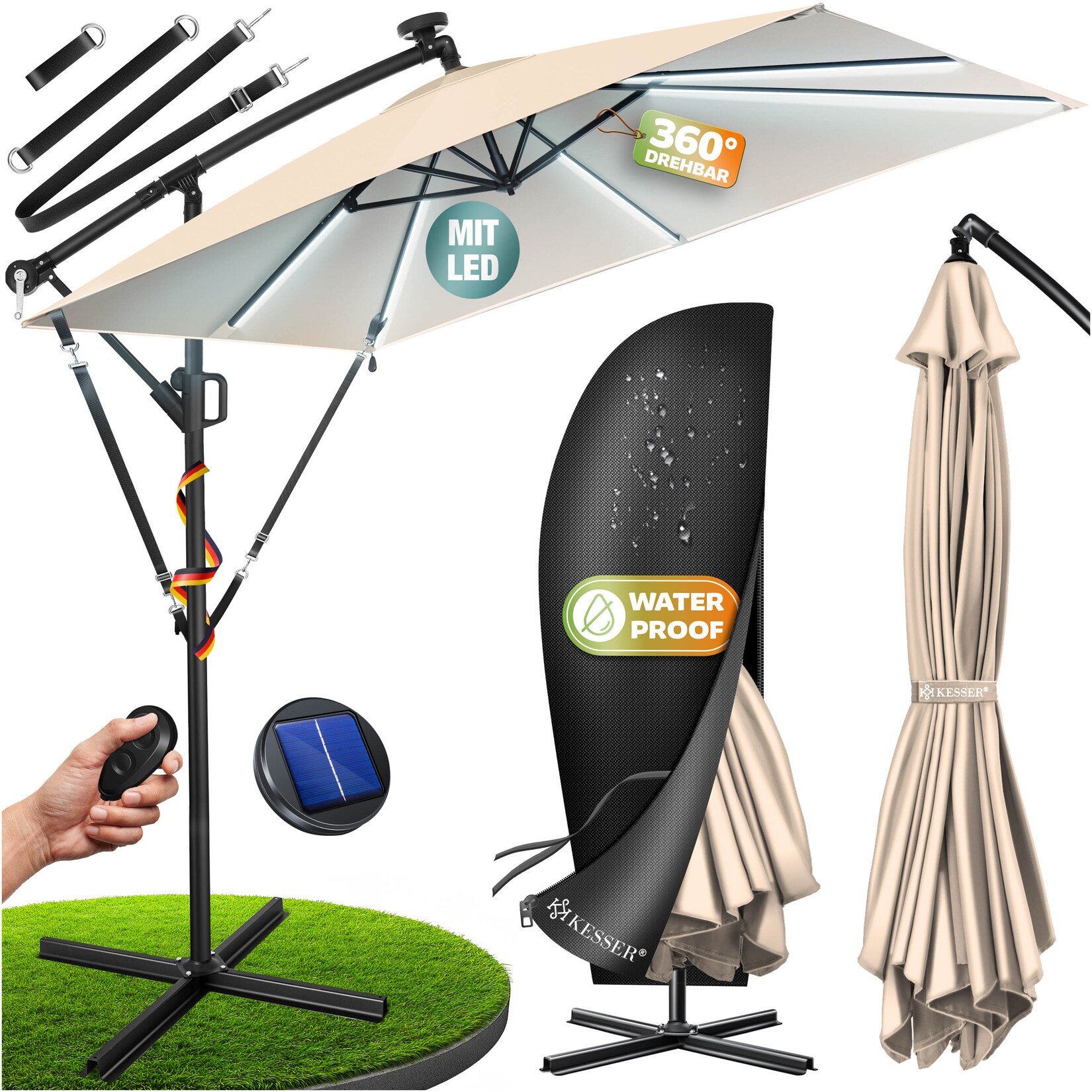 KESSER® Ampelschirm Holly Sonnenschirm Rechteckig mit und ohne LED Solar inkl. Abdeckung + Windsicherung mit Kurbel Kurbel-Schirm mit Ständer UV-Schutz Aluminium Wasserabweisend Ø350cm Gartenschirm