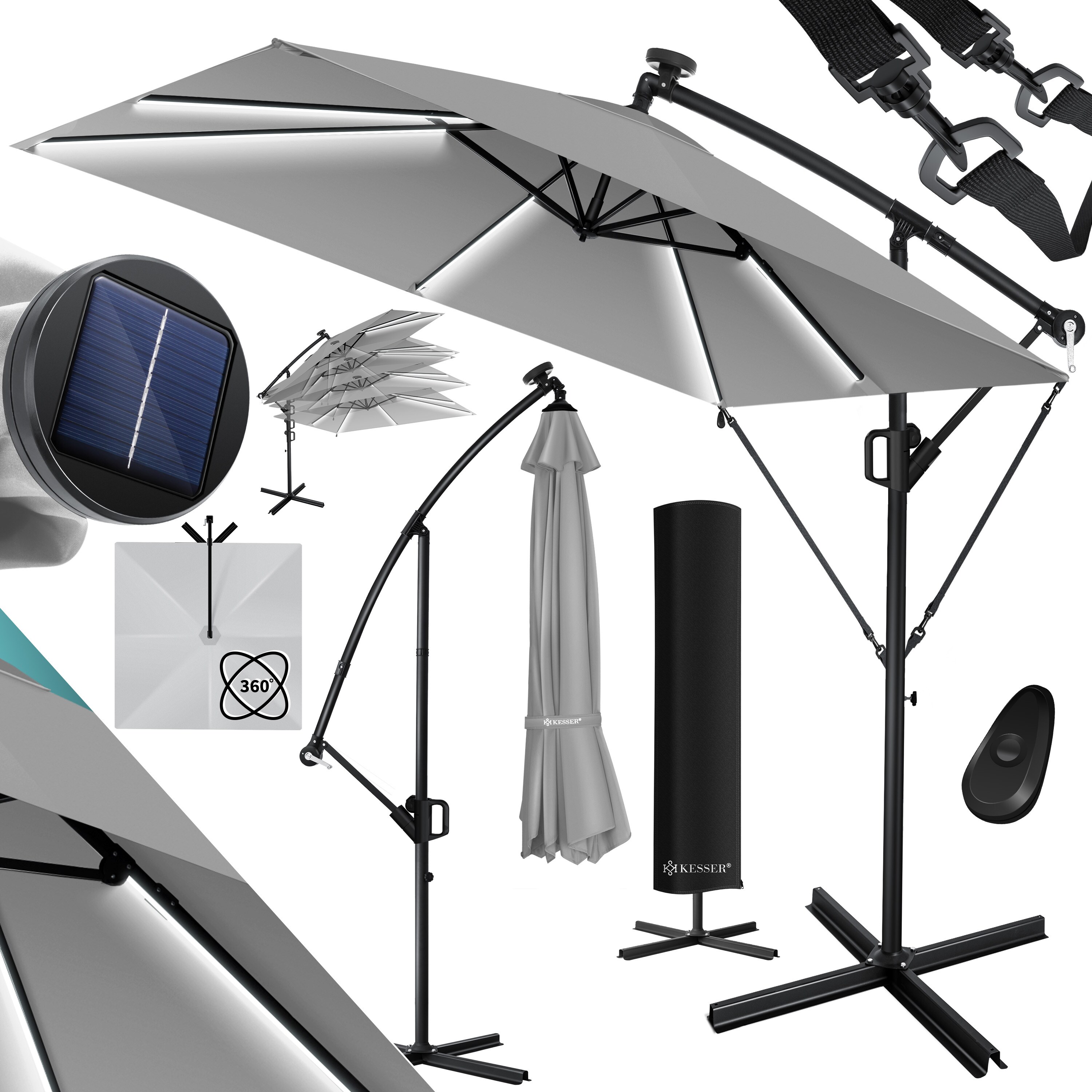 KESSER&reg; Ampelschirm Holly Sonnenschirm Rechteckig mit und ohne LED Solar inkl. Abdeckung + Windsicherung mit Kurbel | Kurbel-Schirm mit St&auml;nder UV-Schutz Aluminium Wasserabweisend &Oslash;350cm Gartenschirm - Bild 1