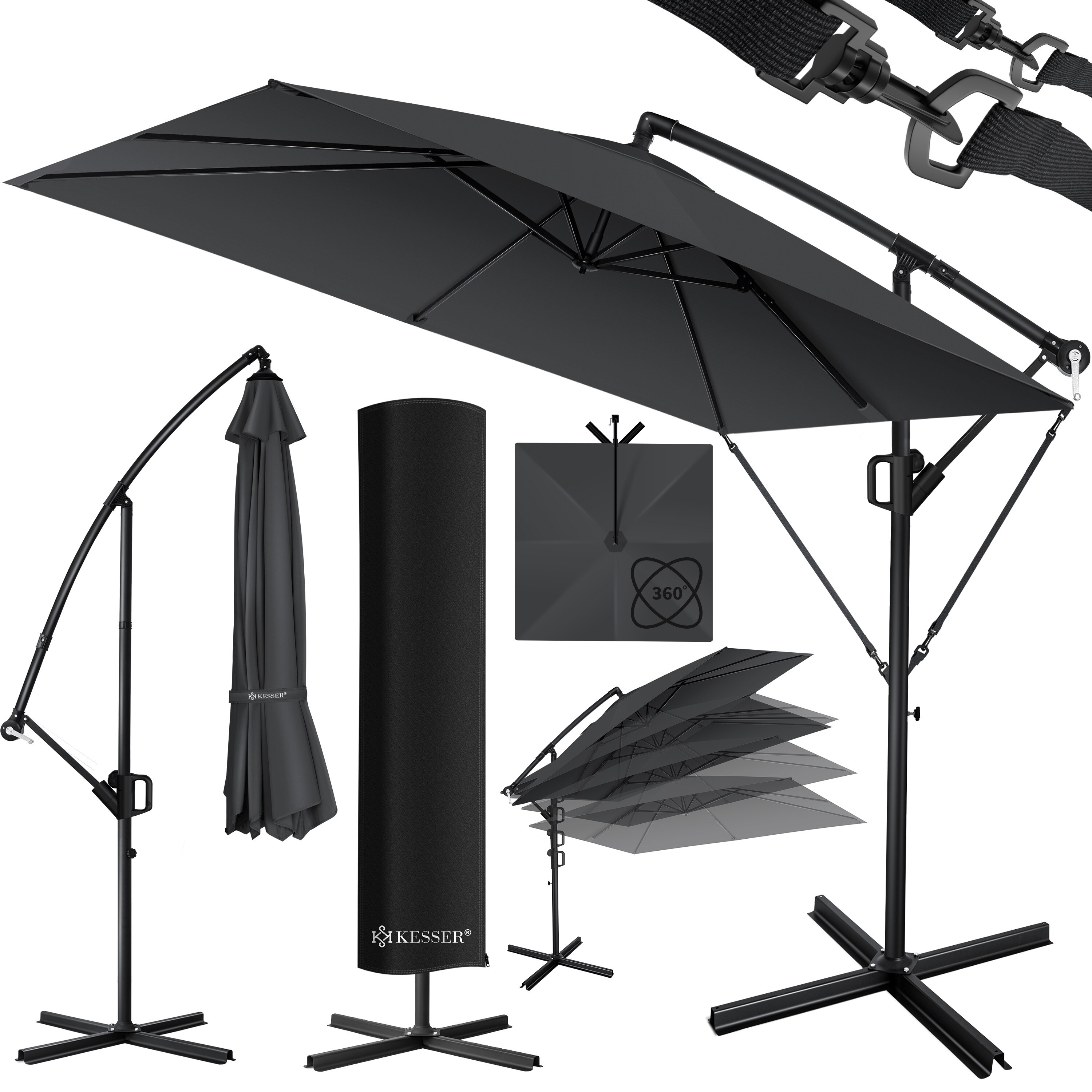 KESSER&reg; Ampelschirm Holly Sonnenschirm Rechteckig mit und ohne LED Solar inkl. Abdeckung + Windsicherung mit Kurbel | Kurbel-Schirm mit St&auml;nder UV-Schutz Aluminium Wasserabweisend &Oslash;350cm Gartenschirm - Bild 1