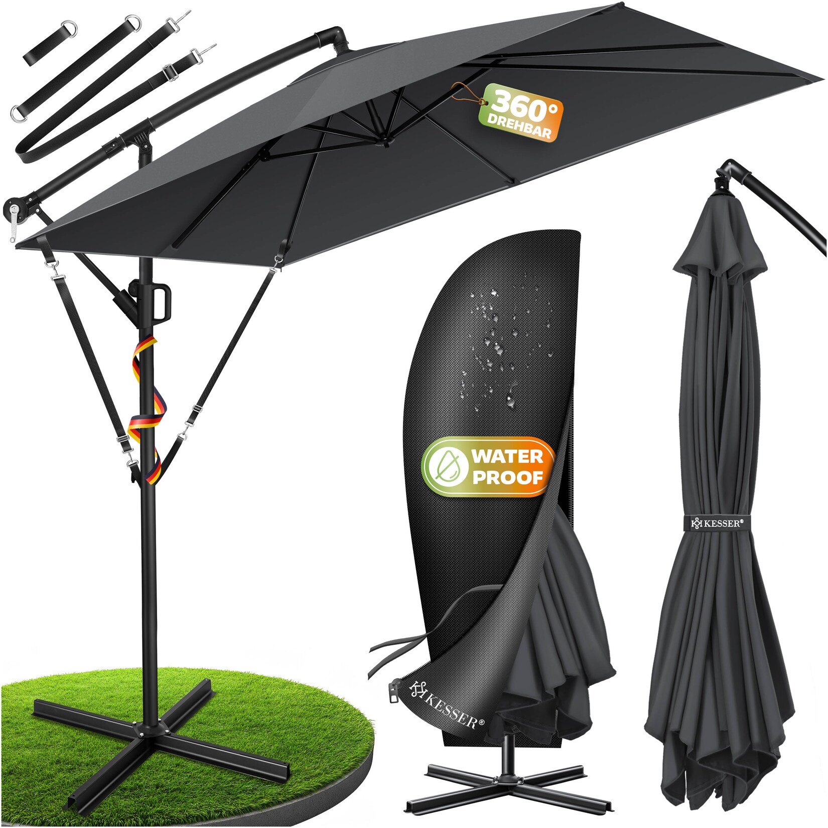 KESSER® Ampelschirm Holly Sonnenschirm Rechteckig mit und ohne LED Solar inkl. Abdeckung + Windsicherung mit Kurbel Kurbel-Schirm mit Ständer UV-Schutz Aluminium Wasserabweisend Ø350cm Gartenschirm