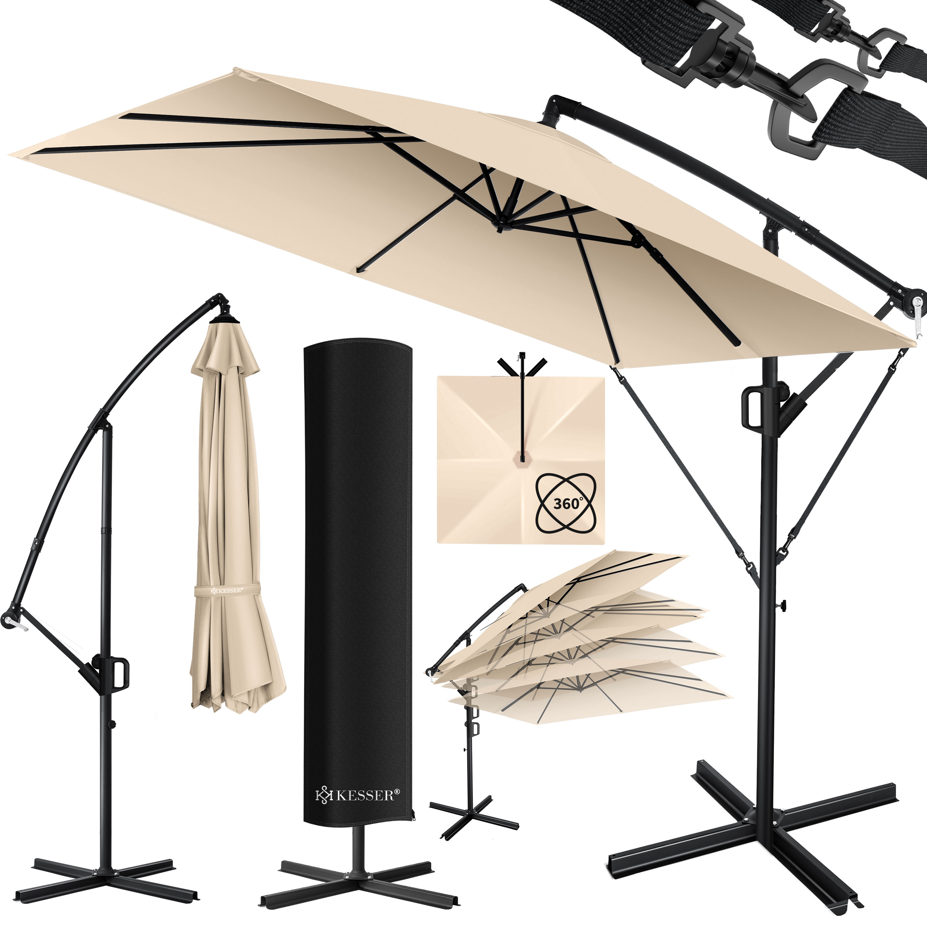 KESSER&reg; Ampelschirm Holly Sonnenschirm Rechteckig mit und ohne LED Solar inkl. Abdeckung + Windsicherung mit Kurbel | Kurbel-Schirm mit St&auml;nder UV-Schutz Aluminium Wasserabweisend &Oslash;350cm Gartenschirm - Bild 1