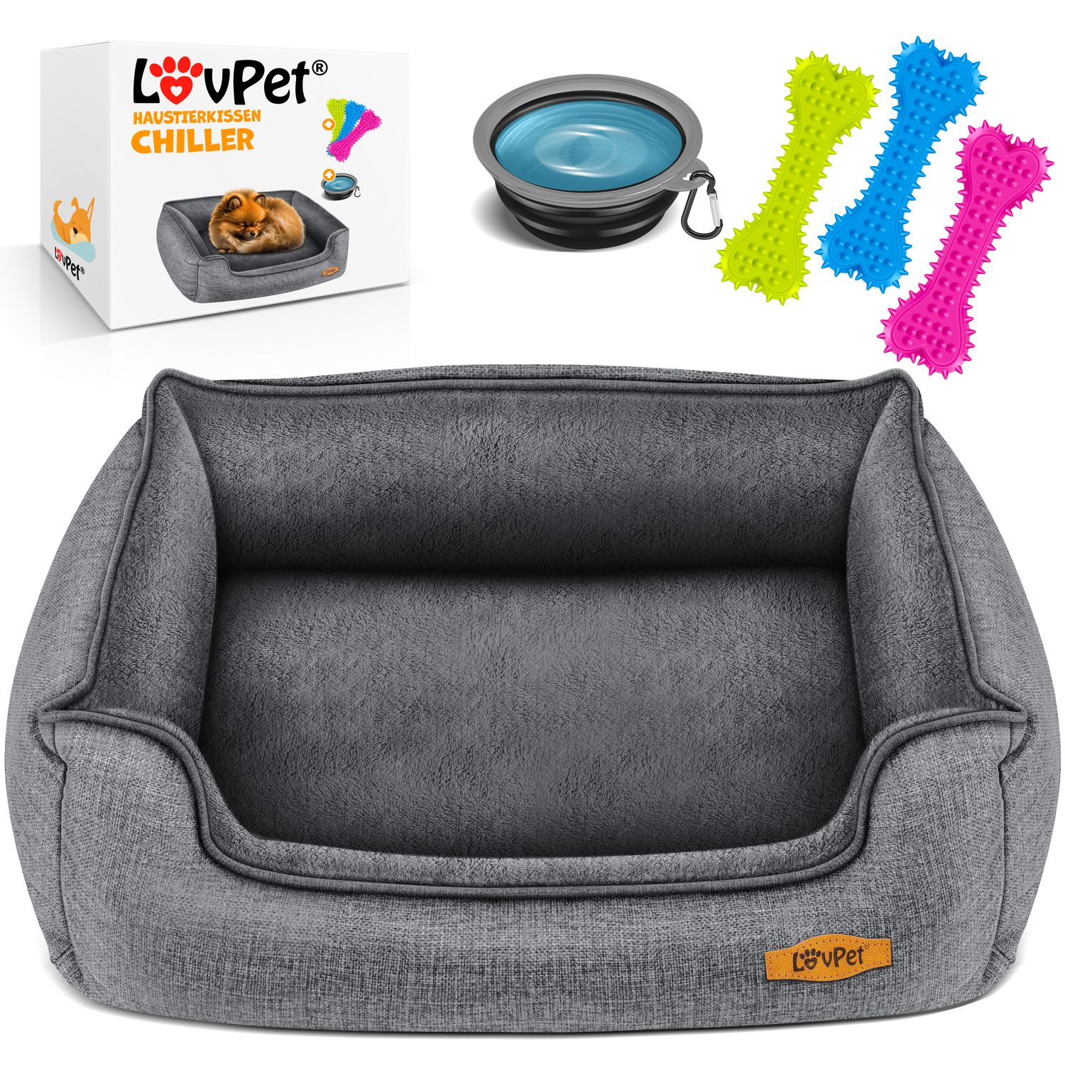 LovPet&reg; Hundebett Hundekissen Hundekorb Chiller, Inkl. Napf + 3X Kauknochen, Hundesofa Kissen f&uuml;r Kleine, Mittelgro&szlig;e & Gro&szlig;e Hunde, Bezug abnehmbar und waschbar - Bild 1