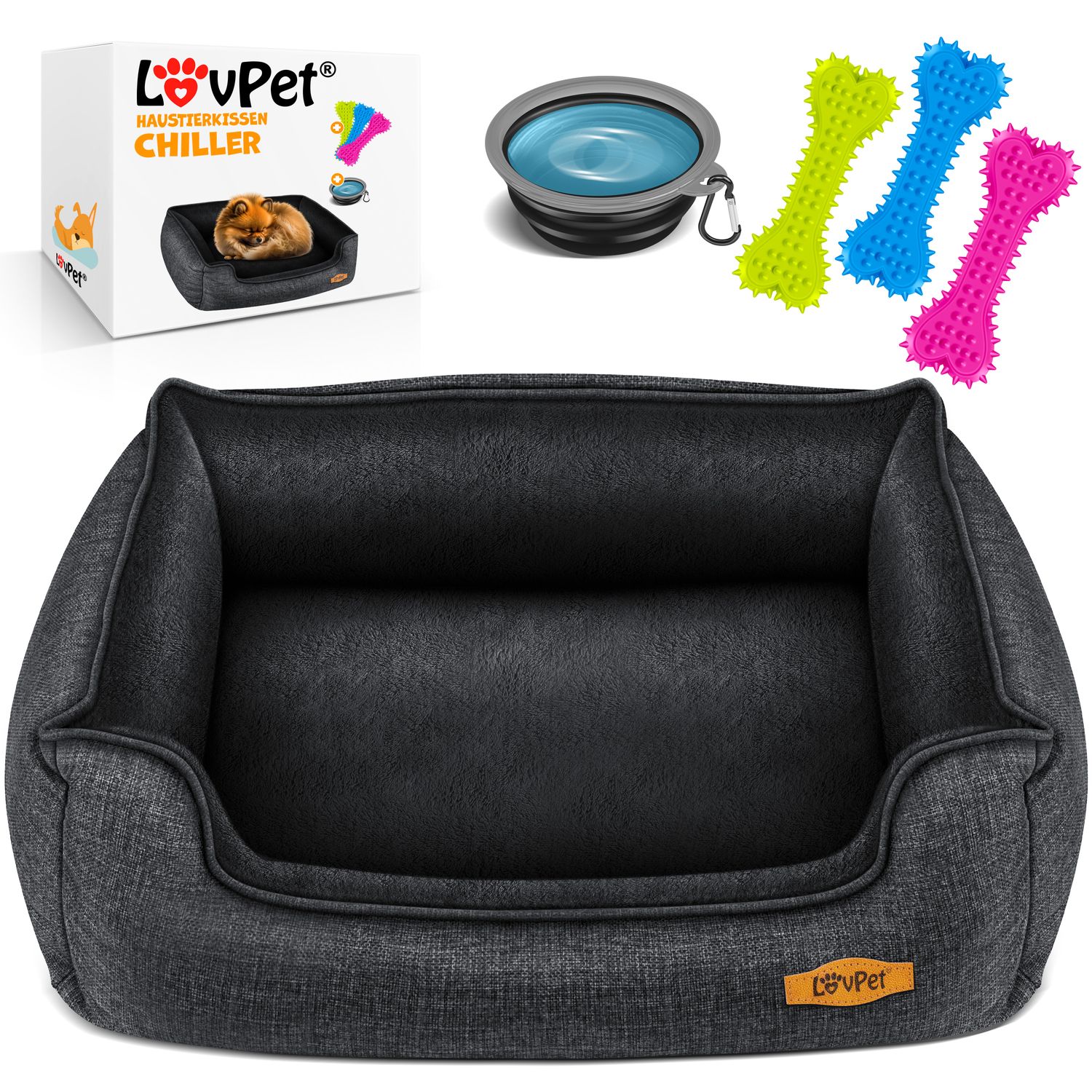 LovPet&reg; Hundebett Hundekissen Hundekorb Chiller, Inkl. Napf + 3X Kauknochen, Hundesofa Kissen f&uuml;r Kleine, Mittelgro&szlig;e & Gro&szlig;e Hunde, Bezug abnehmbar und waschbar - Bild 1