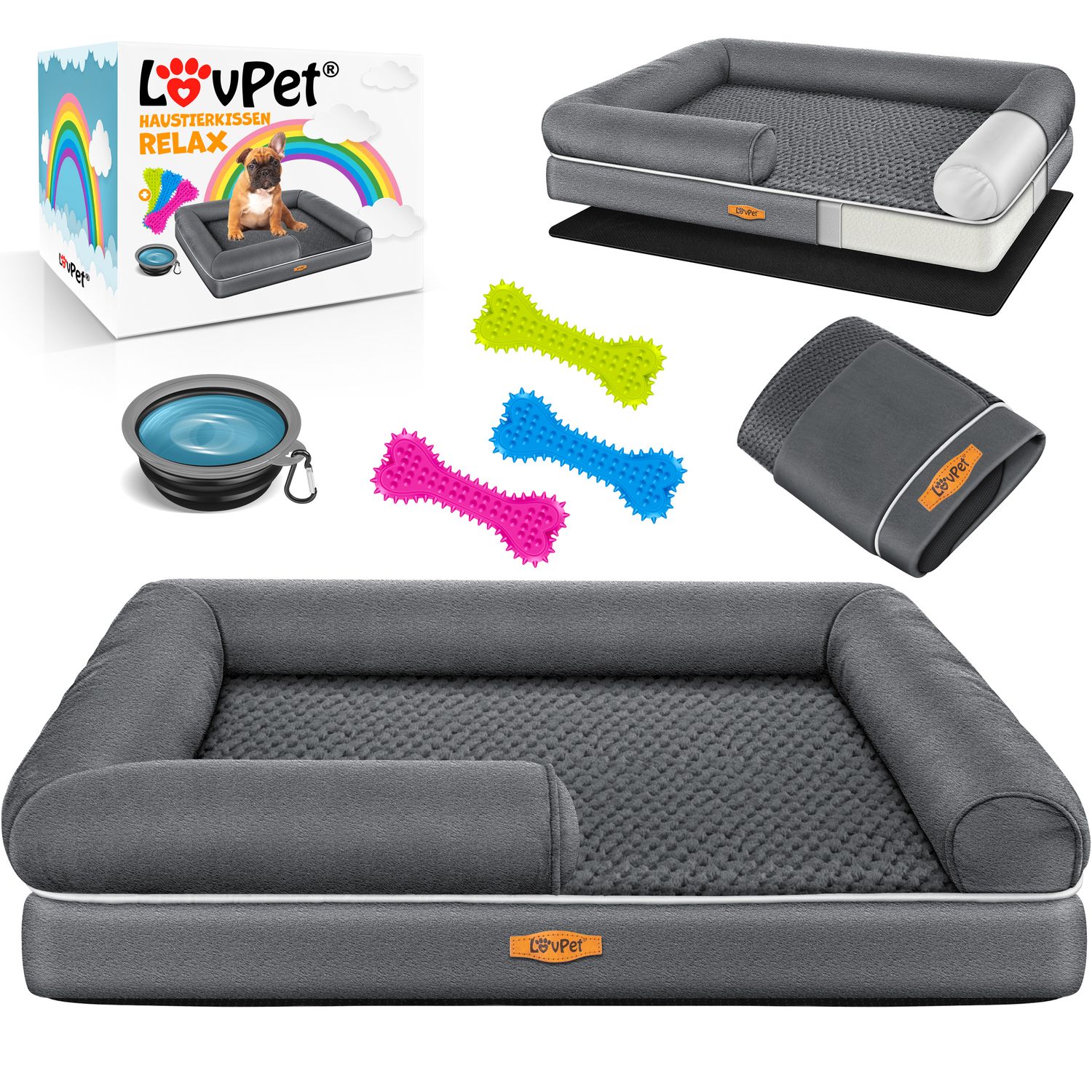 LovPet&reg; Orthop&auml;disches Hundebett Hundekissen Hundekorb Relax, Inkl. Napf + 3X Kauknochen, Hundesofa f&uuml;r Kleine, Mittelgro&szlig;e & Gro&szlig;e Hunde, Bezug abnehmbar und waschbar - Bild 1