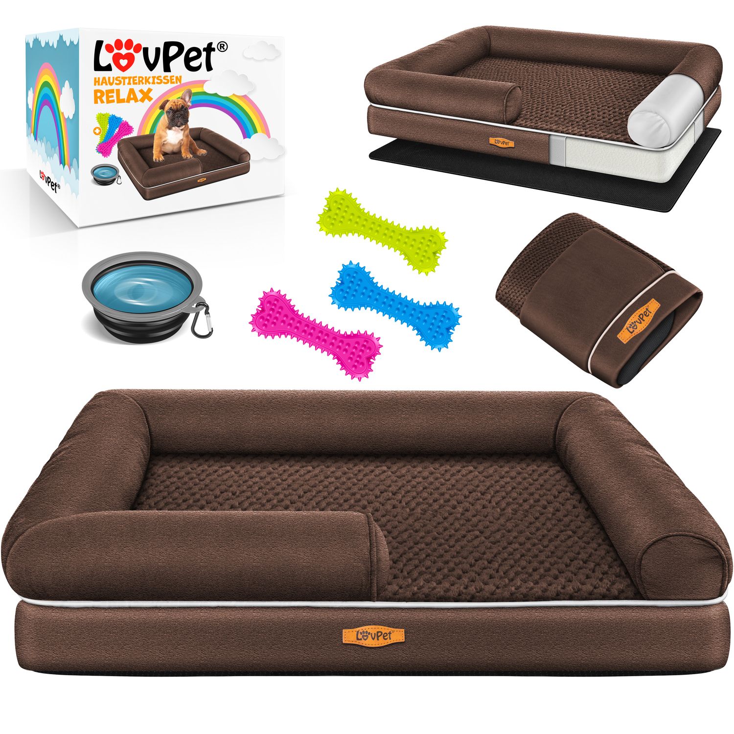LovPet&reg; Orthop&auml;disches Hundebett Hundekissen Hundekorb Relax, Inkl. Napf + 3X Kauknochen, Hundesofa f&uuml;r Kleine, Mittelgro&szlig;e & Gro&szlig;e Hunde, Bezug abnehmbar und waschbar - Bild 1